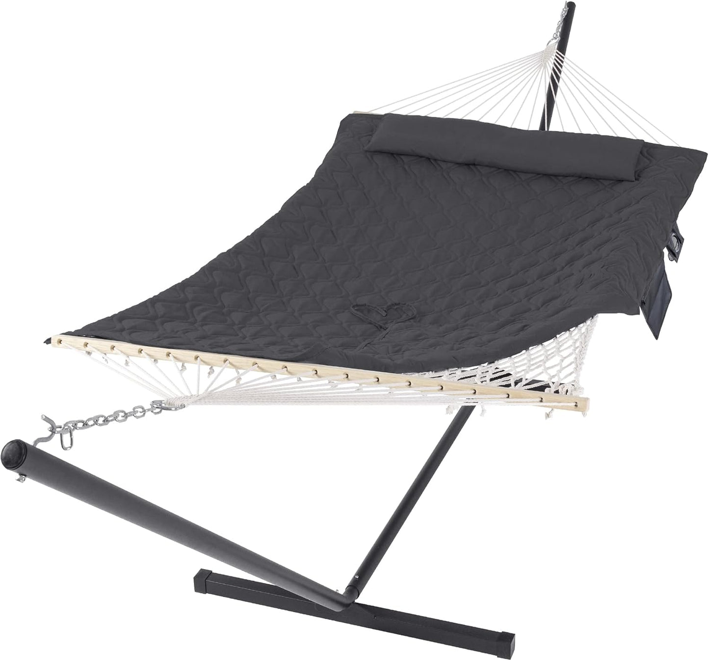 SUNCREAT Double Outdoor Hammock with Stand, Two Person Cotton Rope Hammock with Polyester Pad, Dark Gray