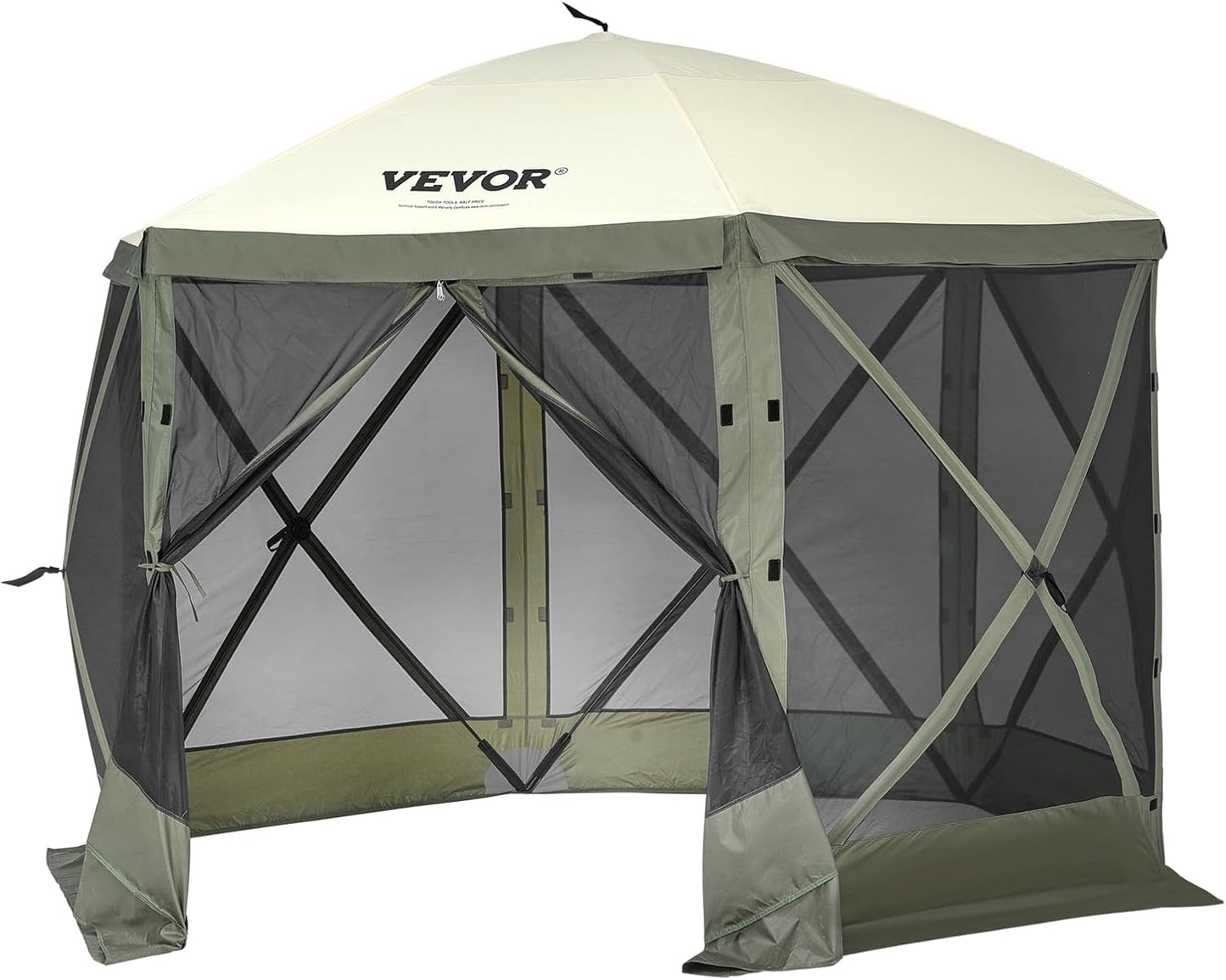 VEVOR 12 * 12ft 6 Sided Pop-up Canopy Shelter Tent with Mesh Windows, Portable Carry Bag, Stakes, Large Shade Tents for Outdoor Camping, Lawn and Backyard, Brown/Beige