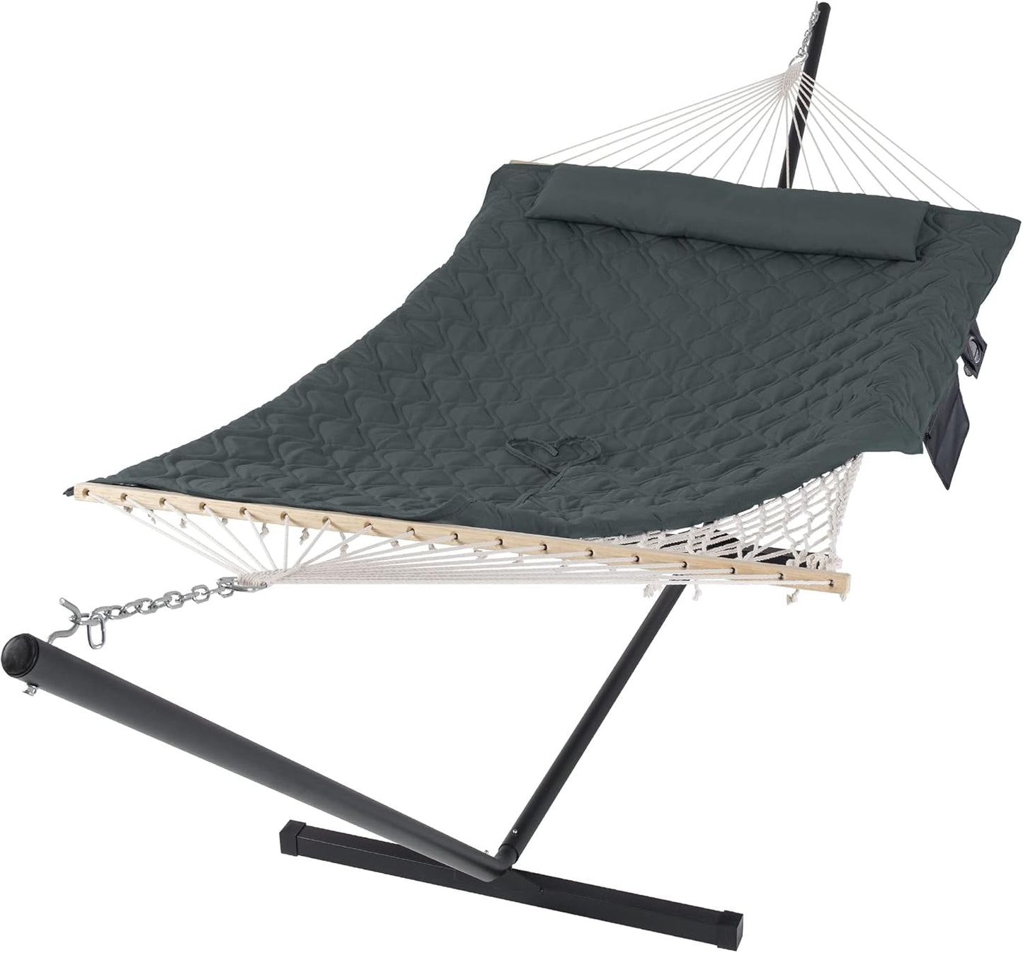 SUNCREAT Double Outdoor Hammock with Stand, Two Person Cotton Rope Hammock with Polyester Pad, Dark Gray