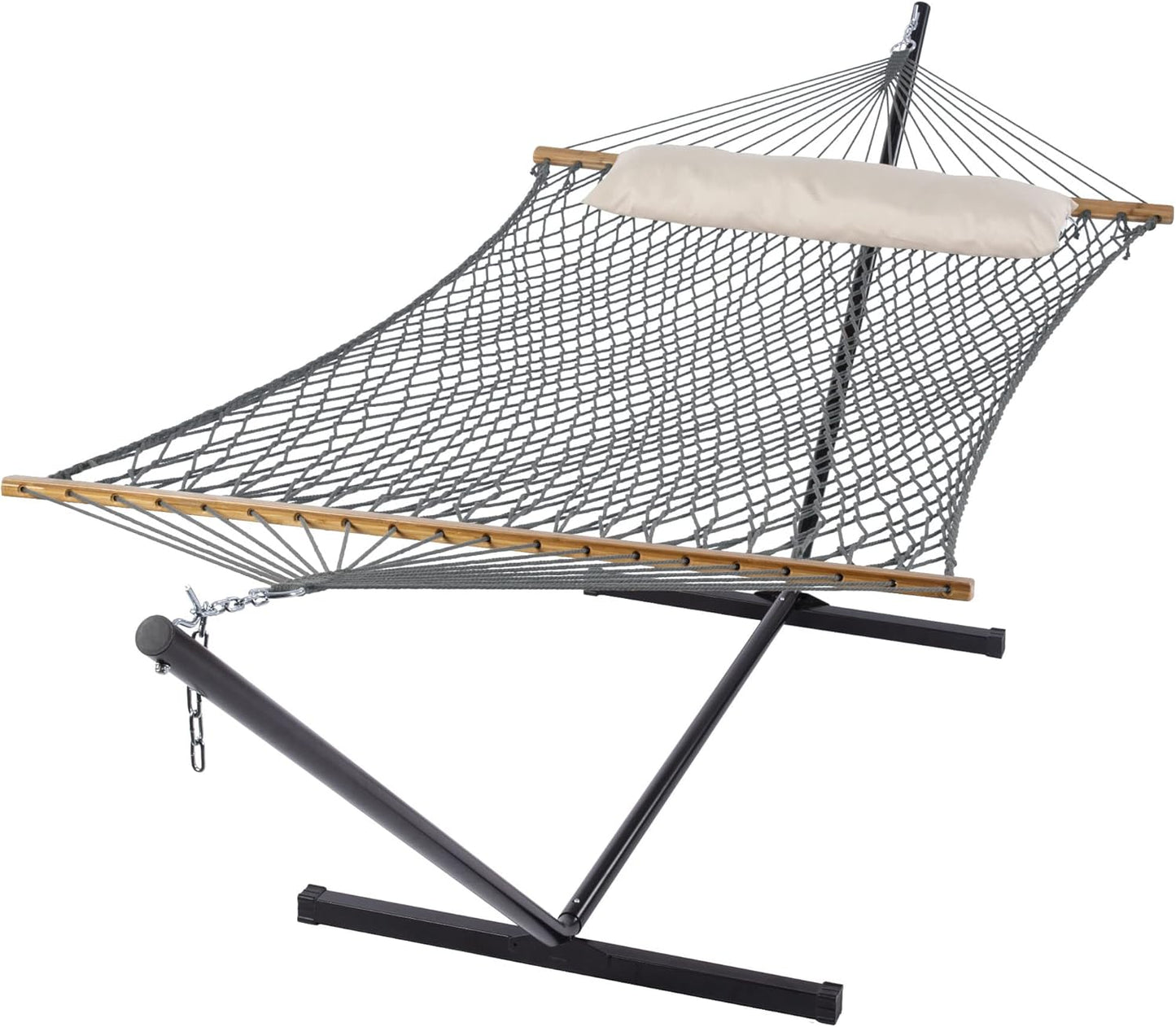 SUNCREAT Double Outdoor Hammock with Stand, Two Person Cotton Rope Hammock with Polyester Pad, Dark Gray