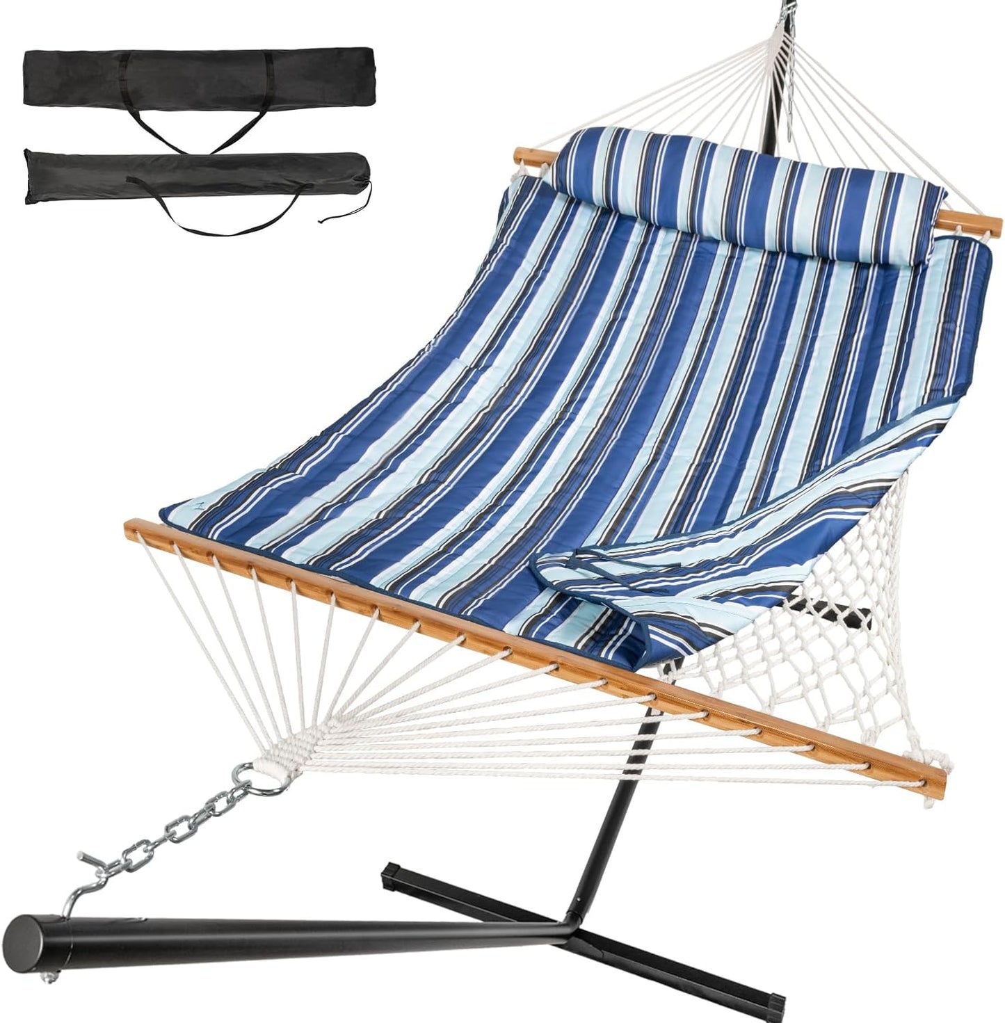 2 Person Outdoor Hammock with Stand, Cotton Rope Hammock with Polyester Pad, Adjustable Steel Frame, Portable with Carrying Bag – for Patio, Backyard, Garden, Beach, Blue