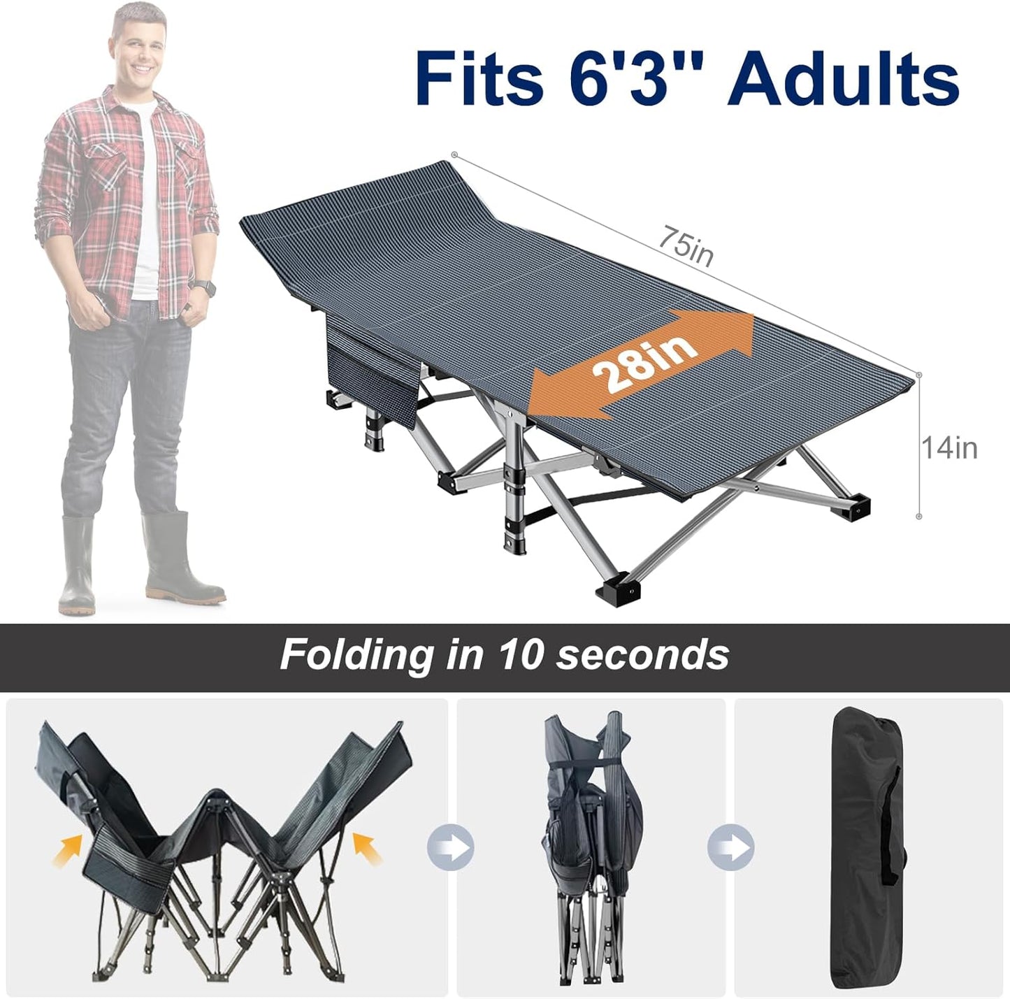 ABORON Folding Camping Cot W/Mat for Adults, Heavy Duty Outdoor Bed with Carry Bag,1200 D Layer Oxford Travel Camp Cots