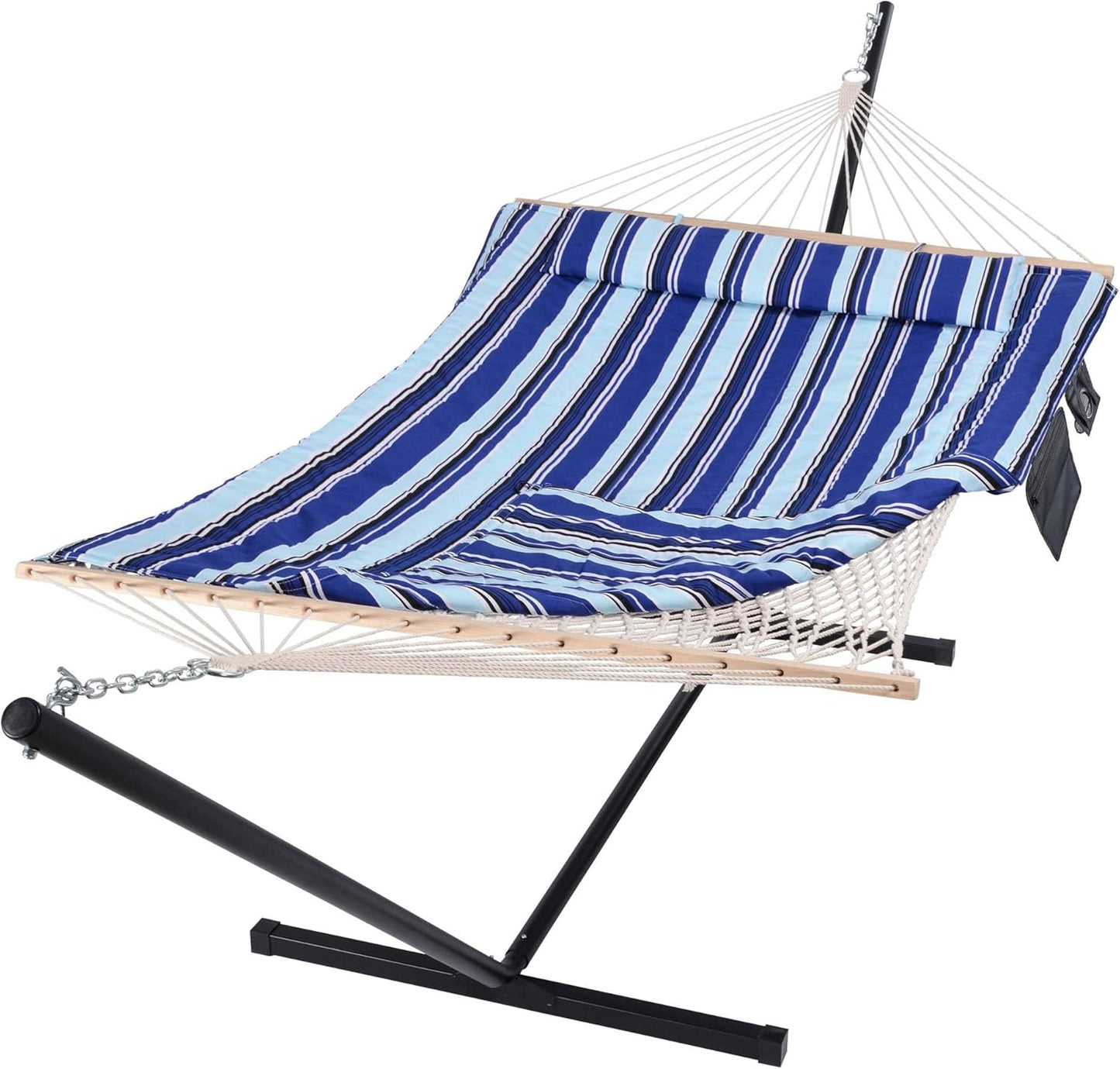 SUNCREAT Double Outdoor Hammock with Stand, Two Person Cotton Rope Hammock with Polyester Pad, Dark Gray