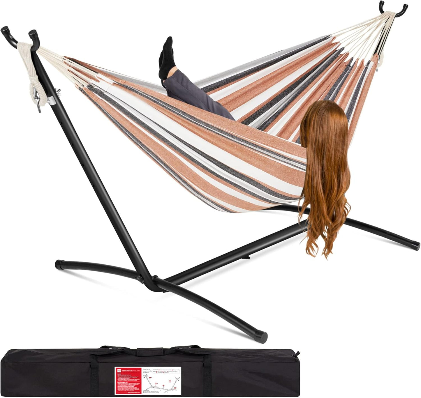 Best Choice Products Double Hammock with Steel Stand, Indoor Outdoor Brazilian-Style Cotton Bed w/Carrying Bag, 2-Person Capacity - Onyx