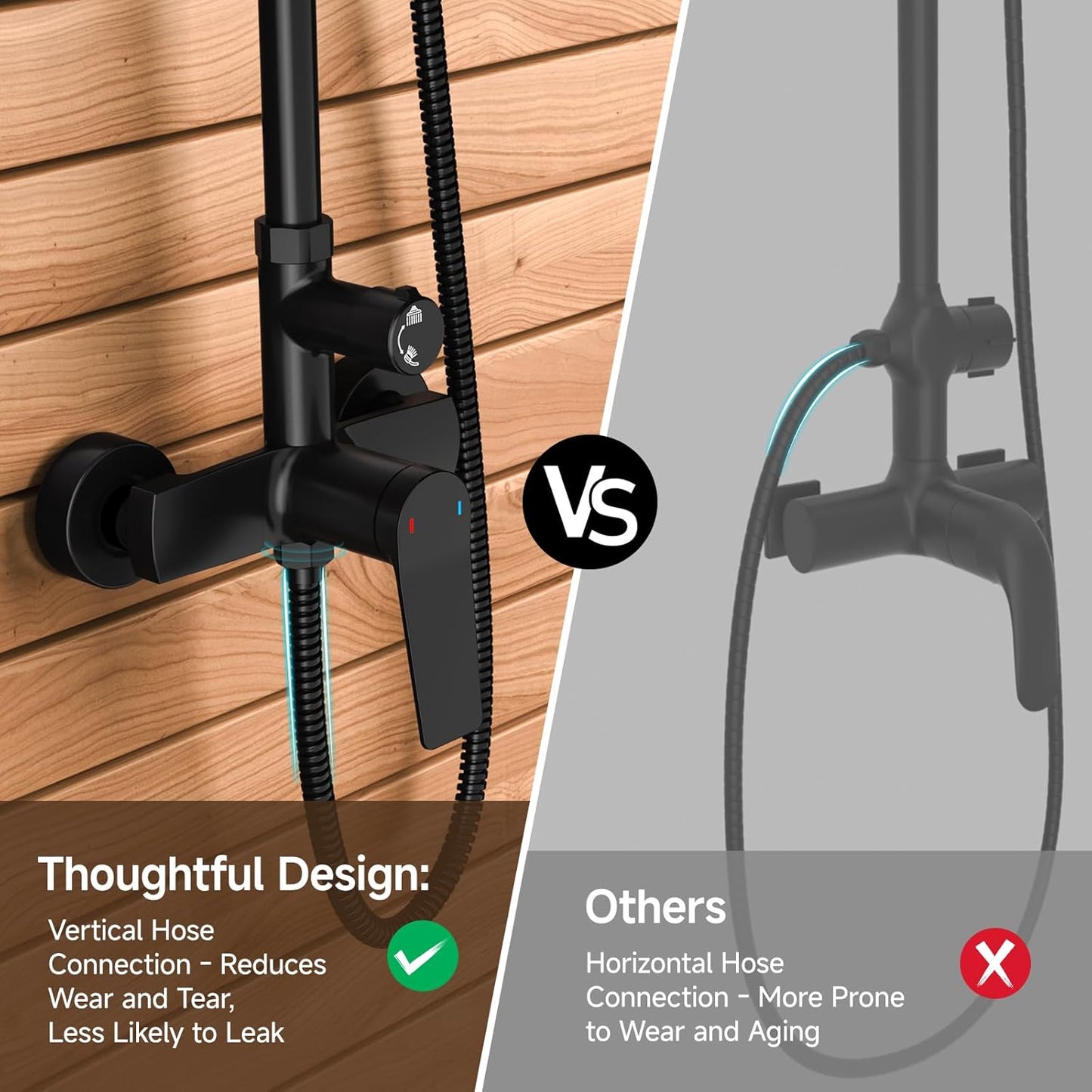 Rainsworth Outdoor Shower Kit Matte Black - Single Handle Brass Valve, 8 Inch Rain Shower Head and Handheld Spray Shower Fixture Combo, 304 Stainless Steel Wall Mount