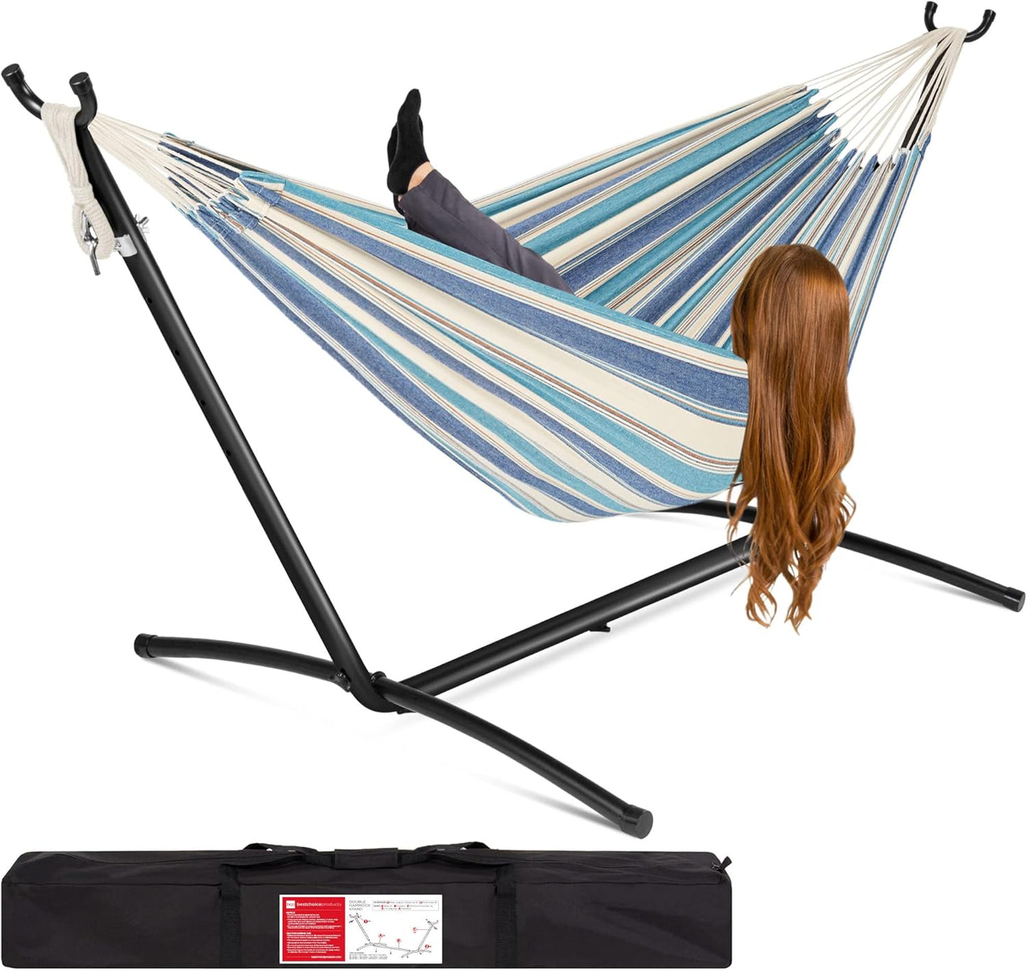 Best Choice Products Double Hammock with Steel Stand, Indoor Outdoor Brazilian-Style Cotton Bed w/Carrying Bag, 2-Person Capacity - Onyx