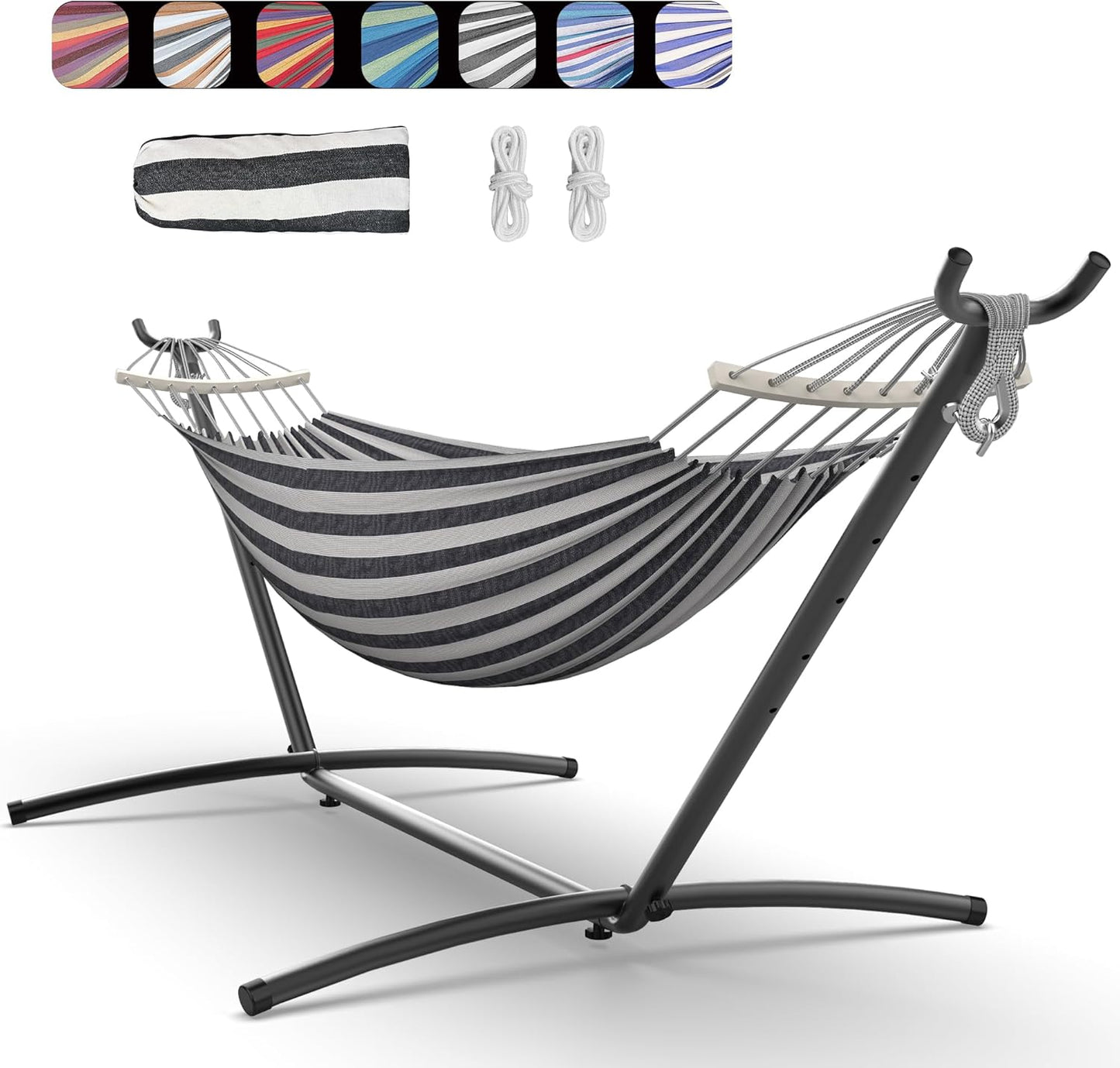 Double Hammock with Heavy-Duty Steel Stand,Portable,Easy Assembly,600lbs Weight Capacity,Perfect for Indoor,Yard,Camping,or Outdoor-Rainbow