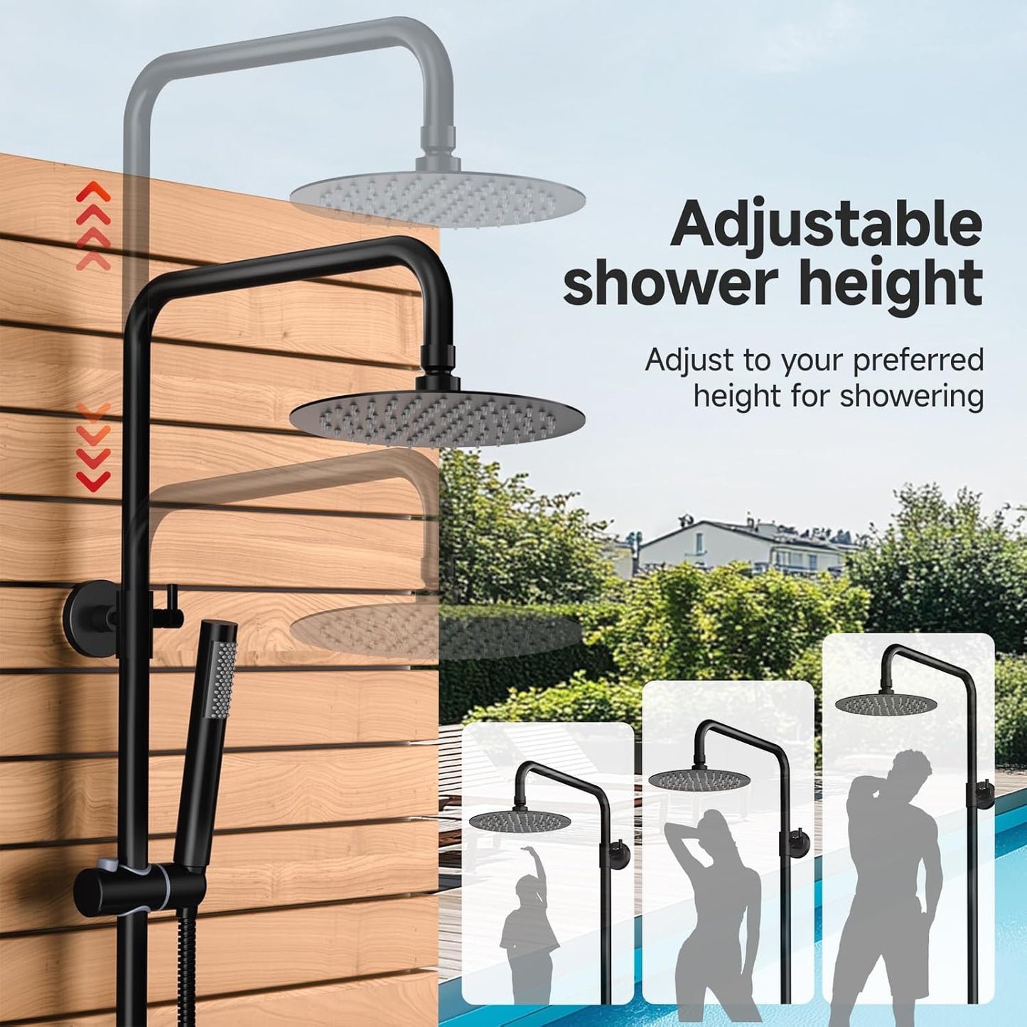 Rainsworth Outdoor Shower Kit Matte Black - Single Handle Brass Valve, 8 Inch Rain Shower Head and Handheld Spray Shower Fixture Combo, 304 Stainless Steel Wall Mount