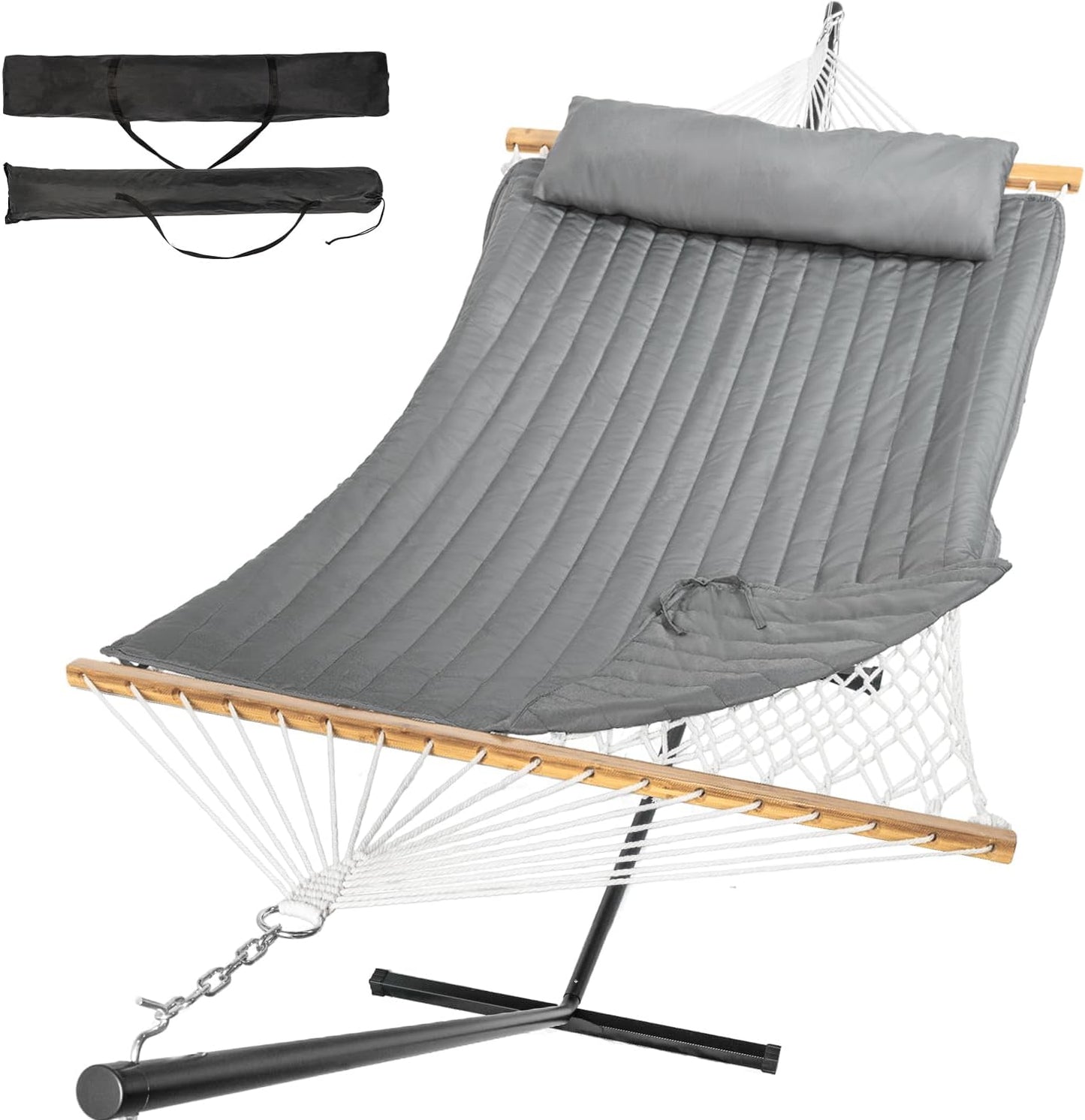 2 Person Outdoor Hammock with Stand, Cotton Rope Hammock with Polyester Pad, Adjustable Steel Frame, Portable with Carrying Bag – for Patio, Backyard, Garden, Beach, Blue