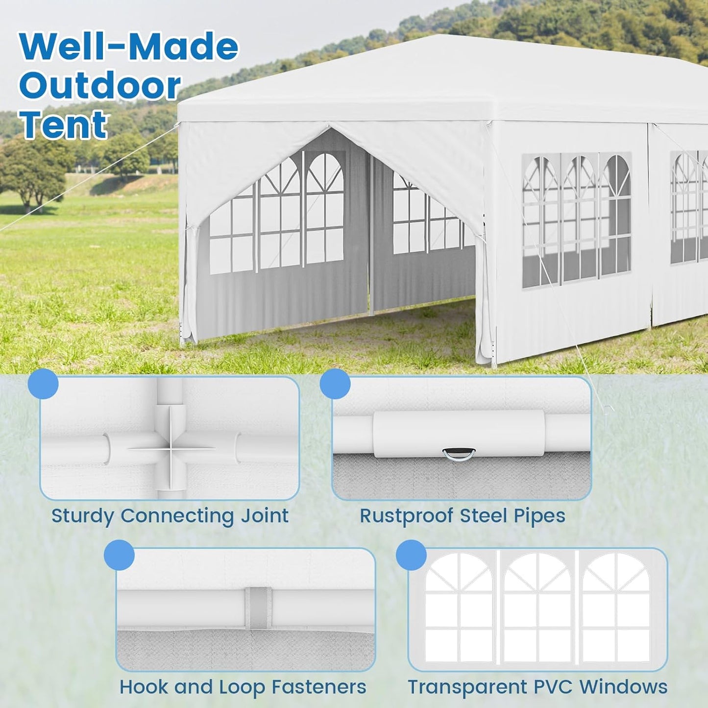 Tangkula Heavy Duty Party Tent - 10x30 Ft White Event Tent with 6 Sidewalls & 2 Zippered Doors, Ideal for Outdoor Weddings, Parties & Backyard Events