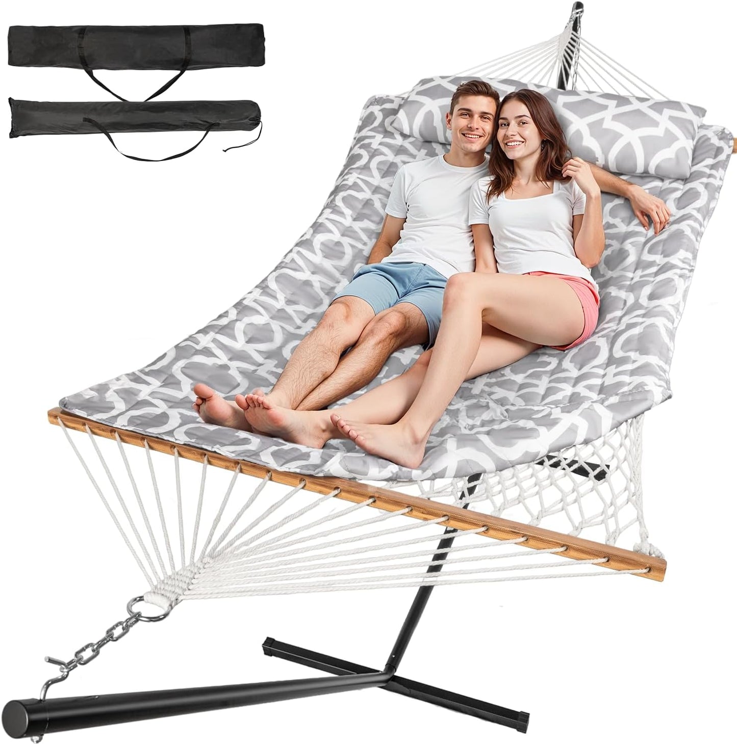 2 Person Outdoor Hammock with Stand, Cotton Rope Hammock with Polyester Pad, Adjustable Steel Frame, Portable with Carrying Bag – for Patio, Backyard, Garden, Beach, Blue