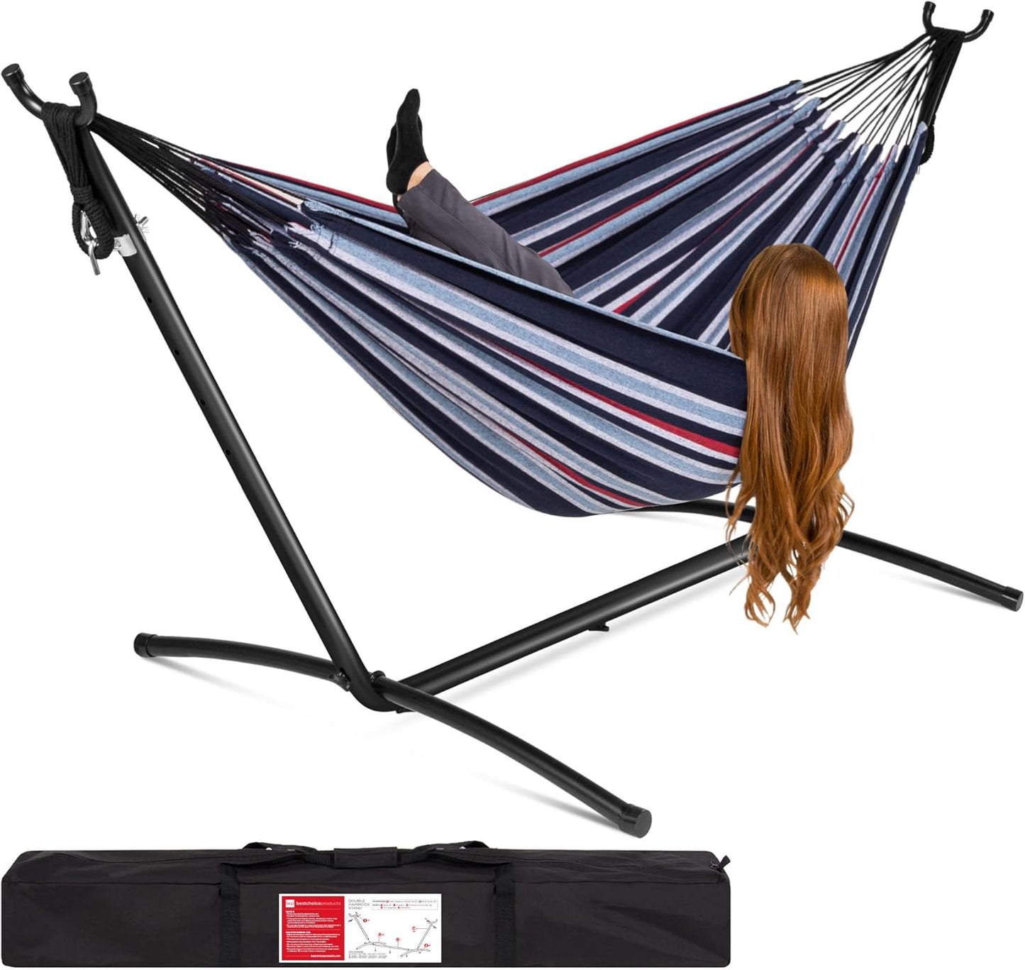 Best Choice Products Double Hammock with Steel Stand, Indoor Outdoor Brazilian-Style Cotton Bed w/Carrying Bag, 2-Person Capacity - Onyx