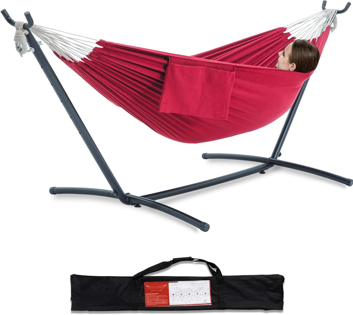 PNAEUT Double Hammocks with Stand for Outside, Portable Space Saving Heavy-Duty Steel Stand for Indoor Outdoor Patio with Carrying Bag, 450 lbs Capacity (Coffee)