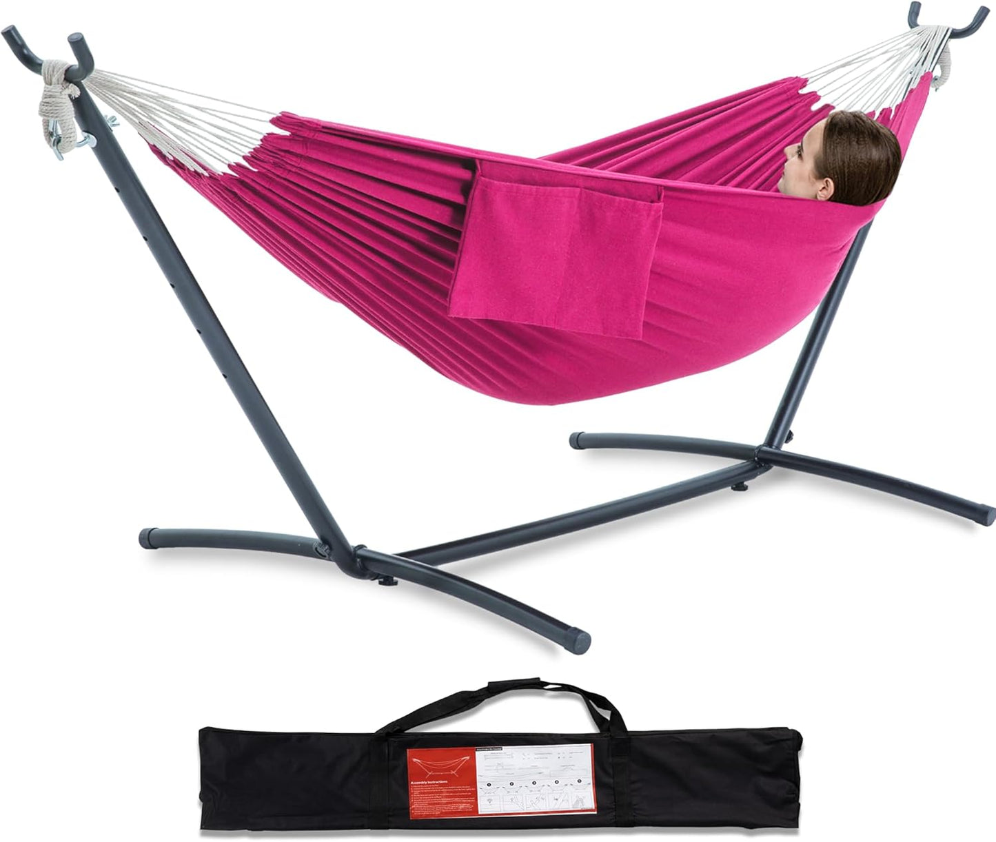 PNAEUT Double Hammocks with Stand for Outside, Portable Space Saving Heavy-Duty Steel Stand for Indoor Outdoor Patio with Carrying Bag, 450 lbs Capacity (Coffee)