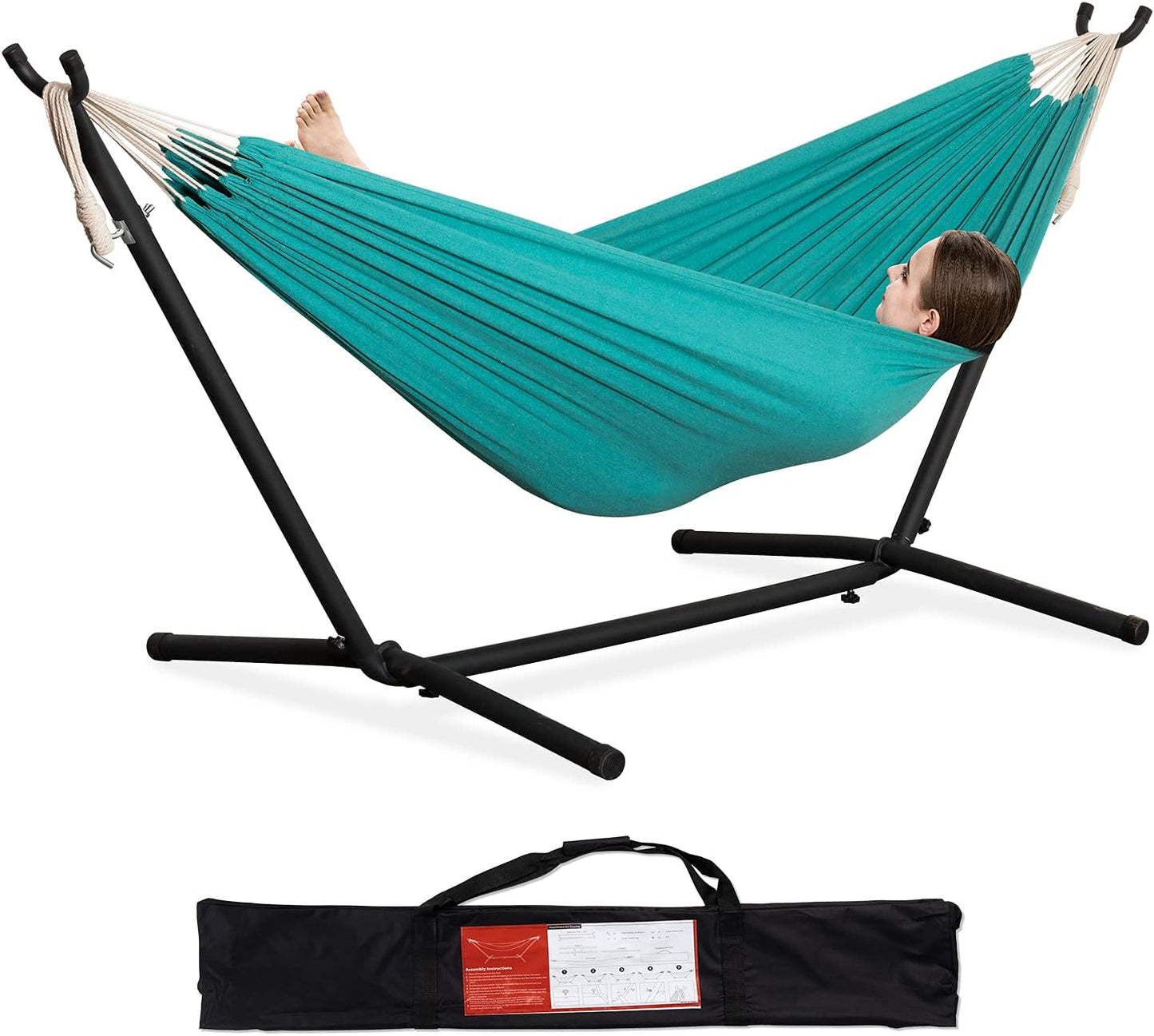 PNAEUT Double Hammocks with Stand for Outside, Portable Space Saving Heavy-Duty Steel Stand for Indoor Outdoor Patio with Carrying Bag, 450 lbs Capacity (Coffee)