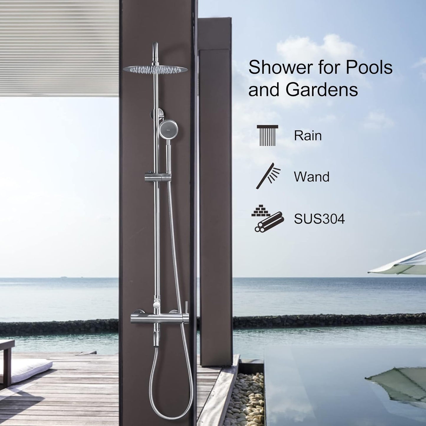 SS304 Outdoor Shower Kit - Brushed Nickel, High Pressure Shower Head with Handheld, Complete Shower System