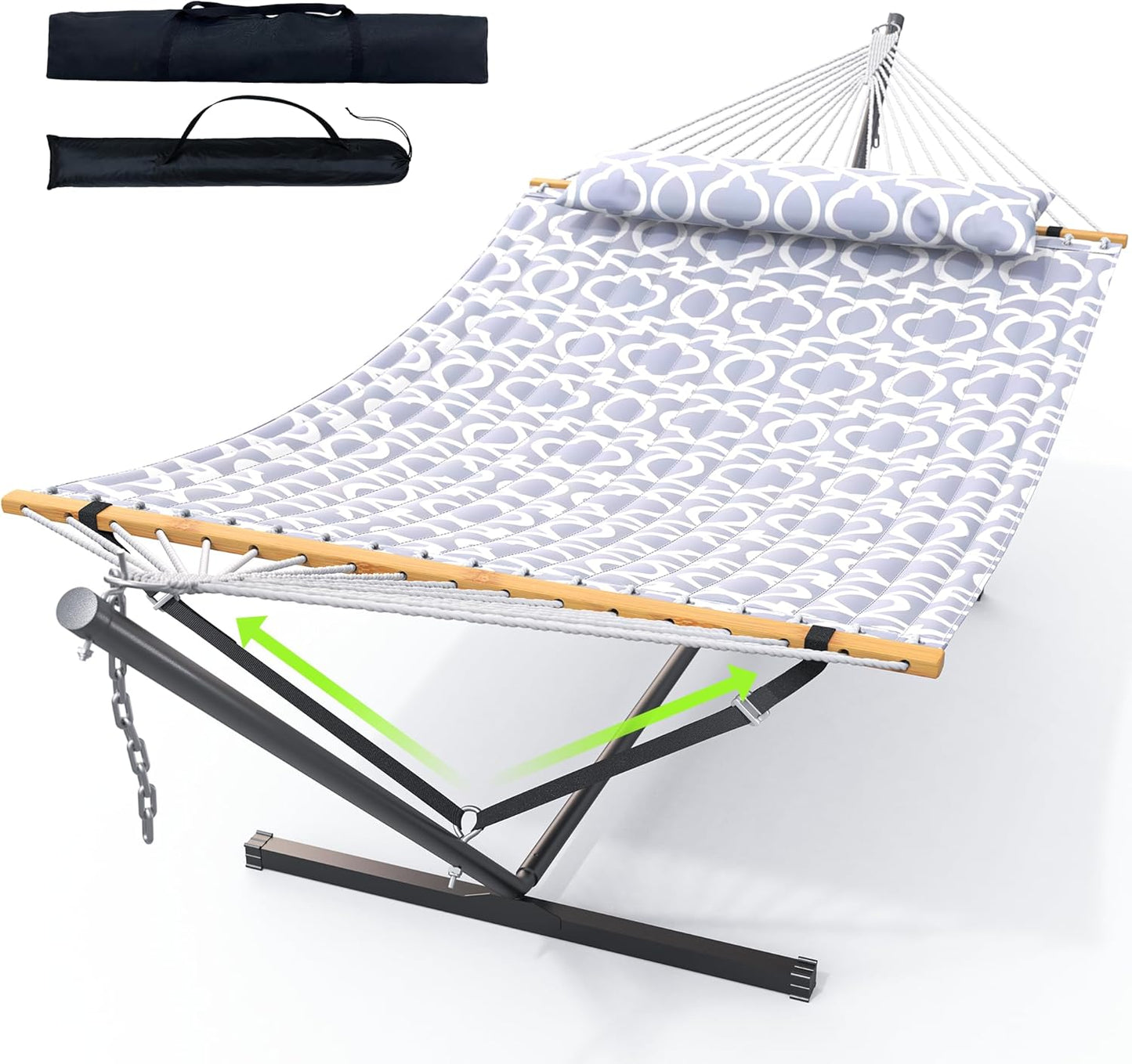 Double Hammock with Stand for Outdoor, Heavy Duty Portable Hammock with Adjustable Steel Stand for Patio, Garden, Beach, Backyard - Includes Carrying Bag,White Grey