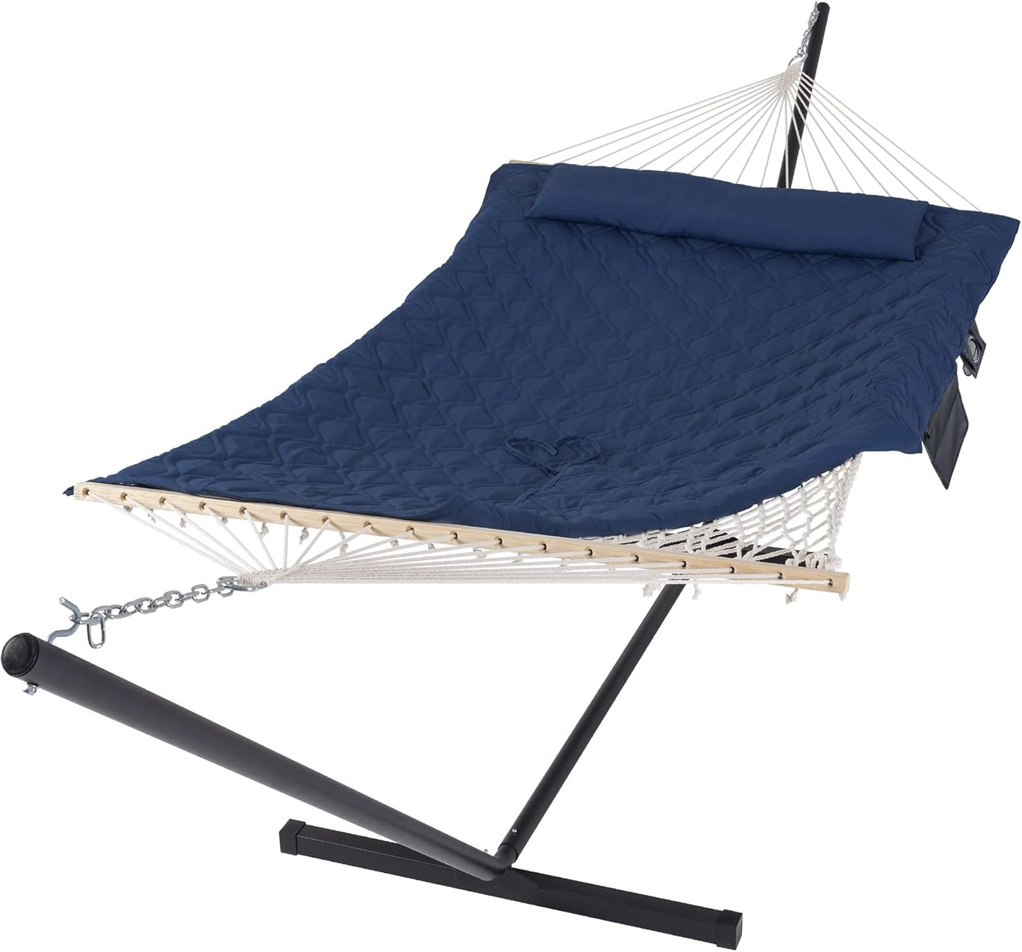 SUNCREAT Double Outdoor Hammock with Stand, Two Person Cotton Rope Hammock with Polyester Pad, Dark Gray