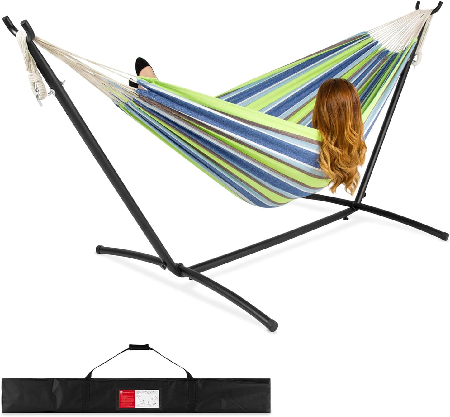 Best Choice Products Double Hammock with Steel Stand, Indoor Outdoor Brazilian-Style Cotton Bed w/Carrying Bag, 2-Person Capacity - Onyx