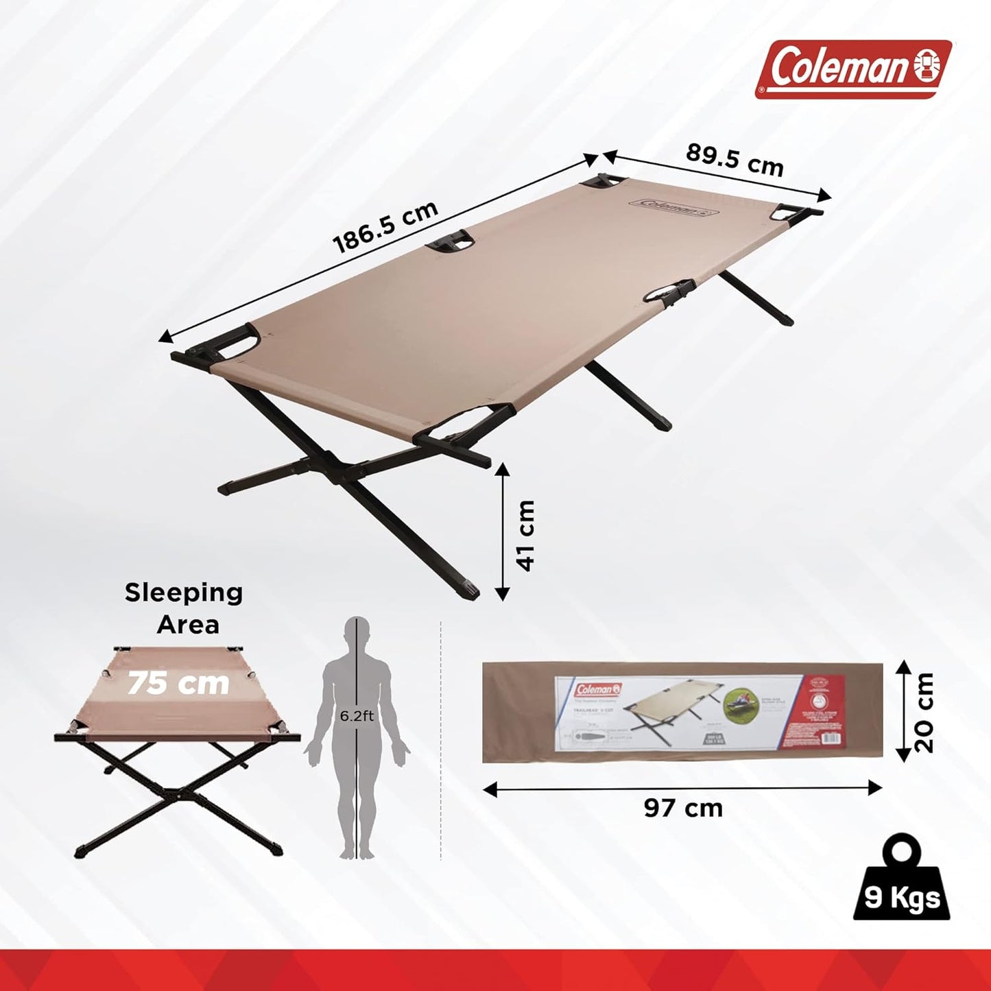 Coleman Trailhead II Large Folding Cot with Easy Setup & Takedown, Supports Adults up to 6ft 2in or 300lbs, Great for Camping, Lounging, Elevated Sleeping, Guests, & More