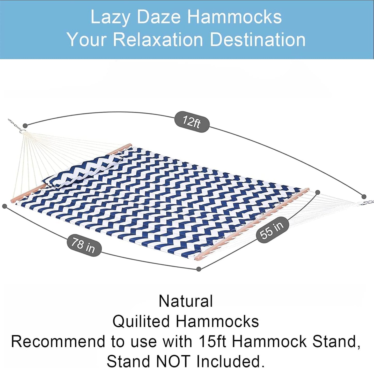 Lazy Daze Hammocks 12 FT Double Quilted Hammock with Spreader Bars and Detachable Pillow, 2 Person Hammock for Outdoor Patio Backyard Poolside, 450 LBS Weight Capacity, Blue Chevron Stripe