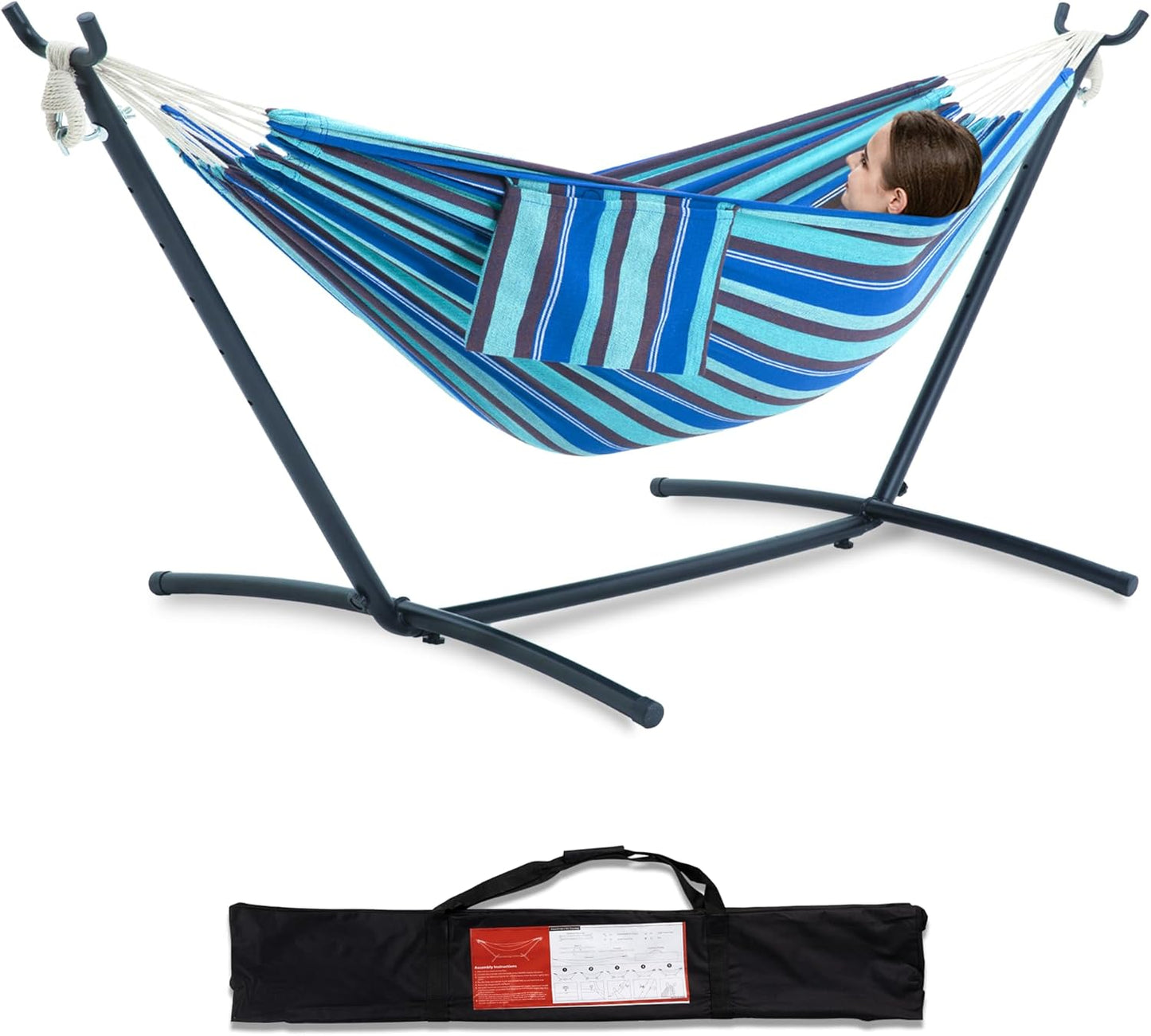 PNAEUT Double Hammocks with Stand for Outside, Portable Space Saving Heavy-Duty Steel Stand for Indoor Outdoor Patio with Carrying Bag, 450 lbs Capacity (Coffee)