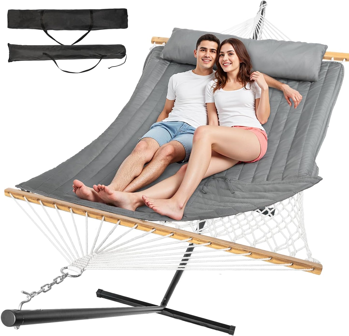 2 Person Outdoor Hammock with Stand, Cotton Rope Hammock with Polyester Pad, Adjustable Steel Frame, Portable with Carrying Bag – for Patio, Backyard, Garden, Beach, Blue