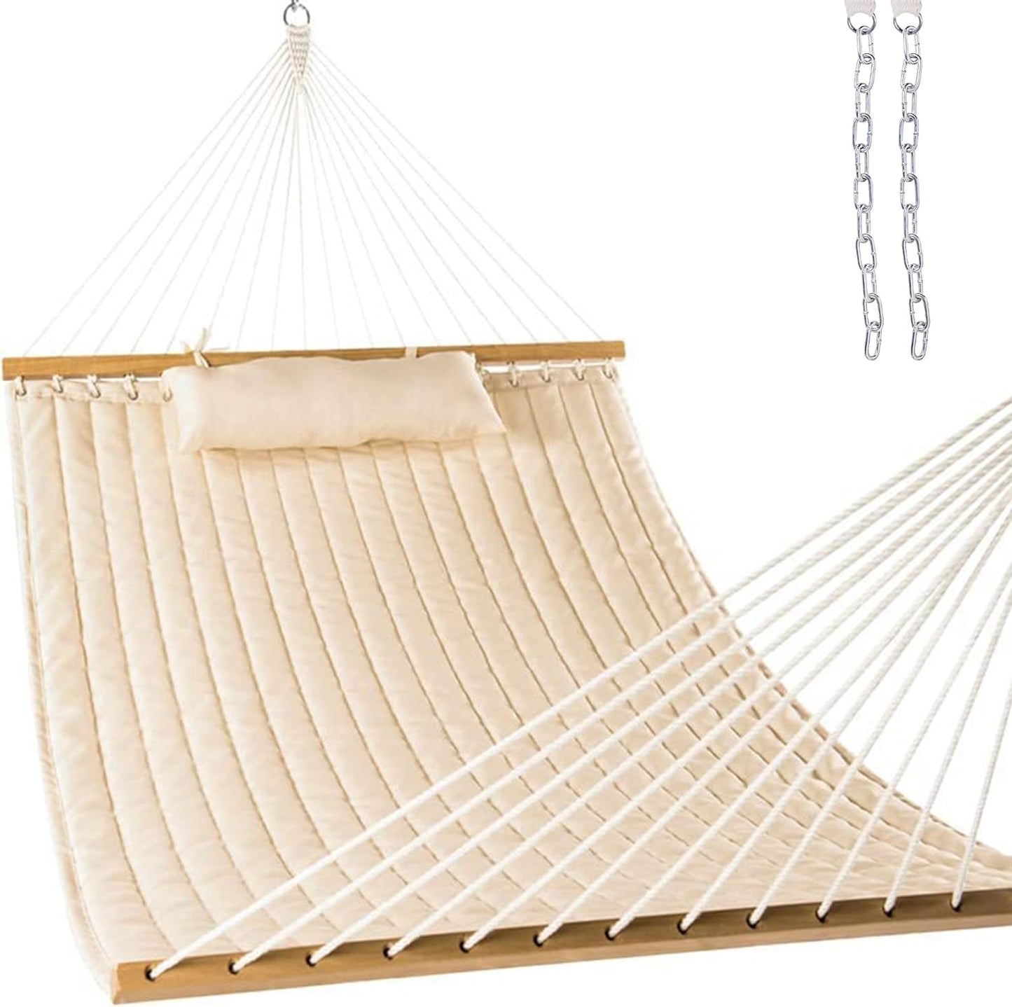 Lazy Daze Hammocks 12 FT Double Quilted Hammock with Spreader Bars and Detachable Pillow, 2 Person Hammock for Outdoor Patio Backyard Poolside, 450 LBS Weight Capacity, Blue Chevron Stripe