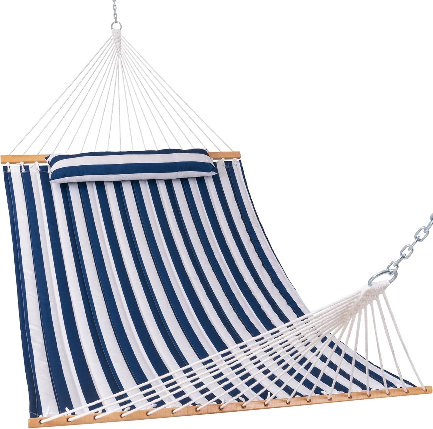 Lazy Daze Hammocks 12 FT Double Quilted Hammock with Spreader Bars and Detachable Pillow, 2 Person Hammock for Outdoor Patio Backyard Poolside, 450 LBS Weight Capacity, Blue Chevron Stripe