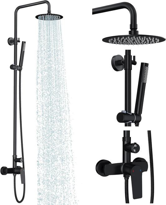 Rainsworth Outdoor Shower Kit Matte Black - Single Handle Brass Valve, 8 Inch Rain Shower Head and Handheld Spray Shower Fixture Combo, 304 Stainless Steel Wall Mount