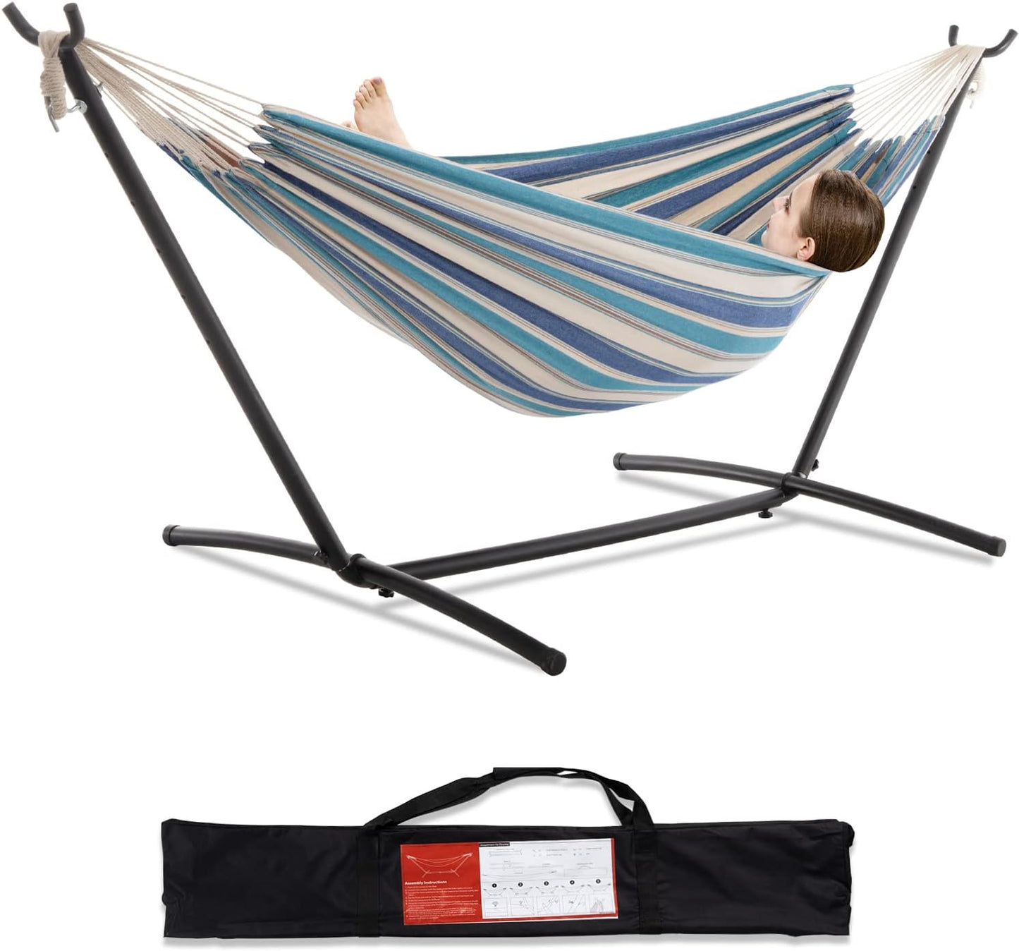 PNAEUT Double Hammocks with Stand for Outside, Portable Space Saving Heavy-Duty Steel Stand for Indoor Outdoor Patio with Carrying Bag, 450 lbs Capacity (Coffee)