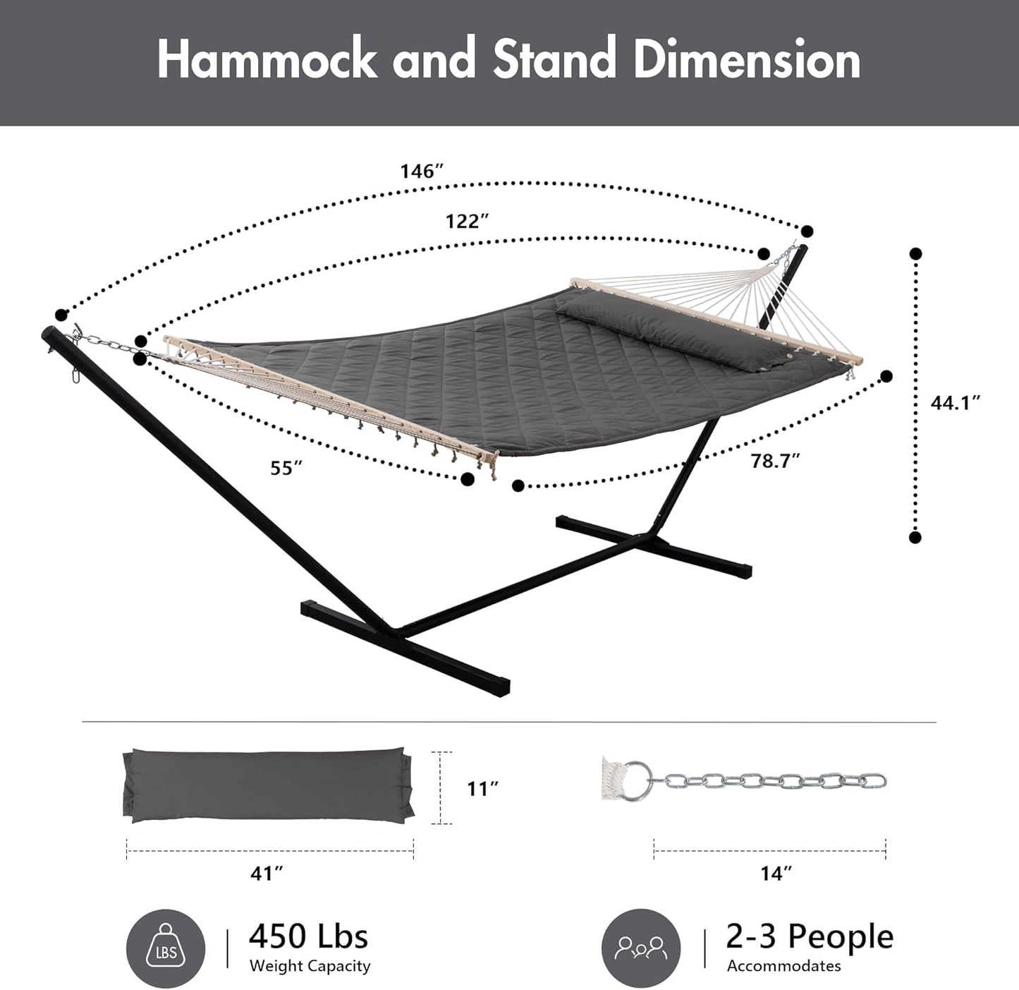 ANOW Double Hammock with 12FT Heavy Duty Steel Stand Included, 2 Person Hammock with Stand for Outdoors, 450 LBS Weight Capacity, Gray