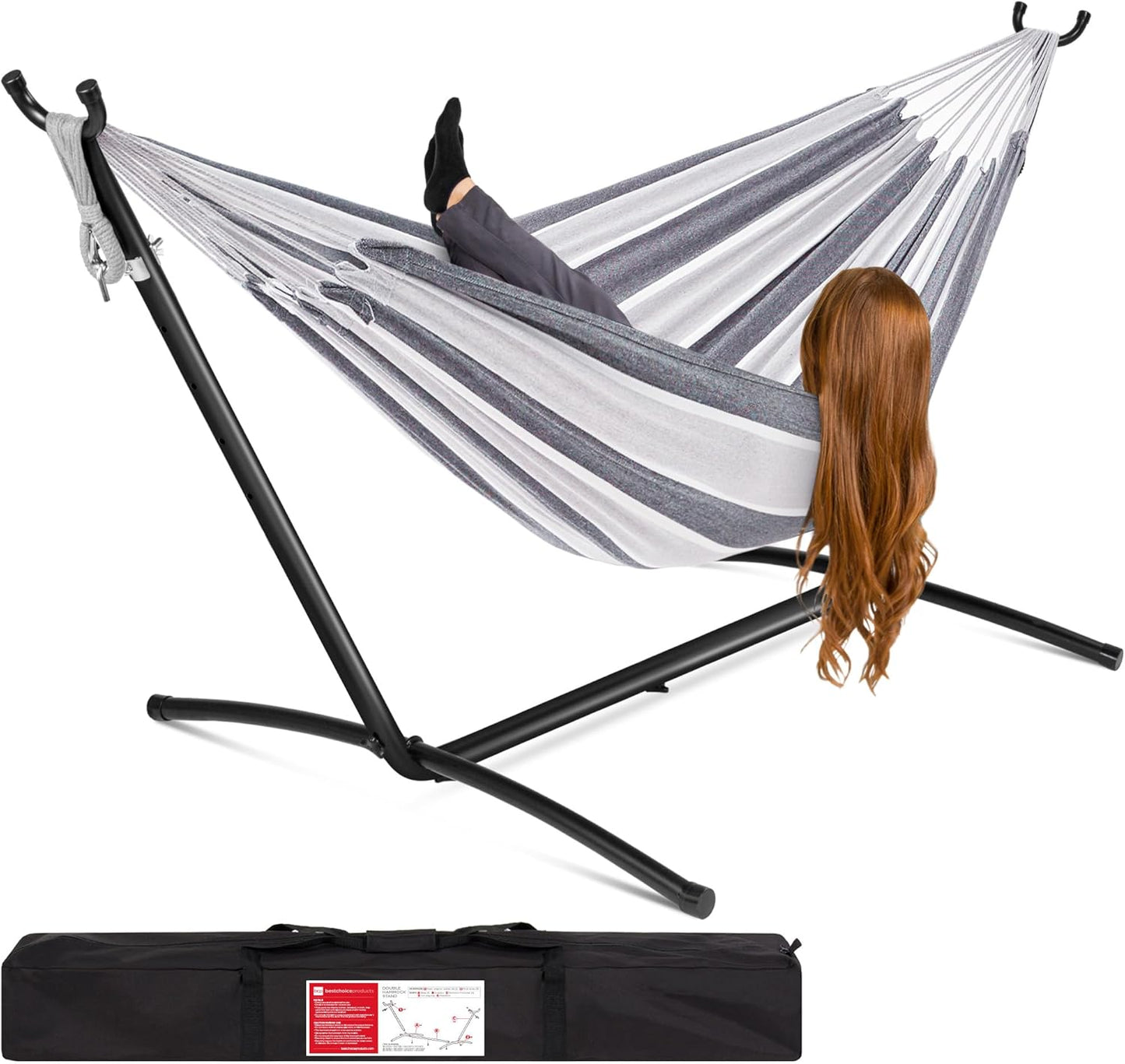 Best Choice Products Double Hammock with Steel Stand, Indoor Outdoor Brazilian-Style Cotton Bed w/Carrying Bag, 2-Person Capacity - Onyx