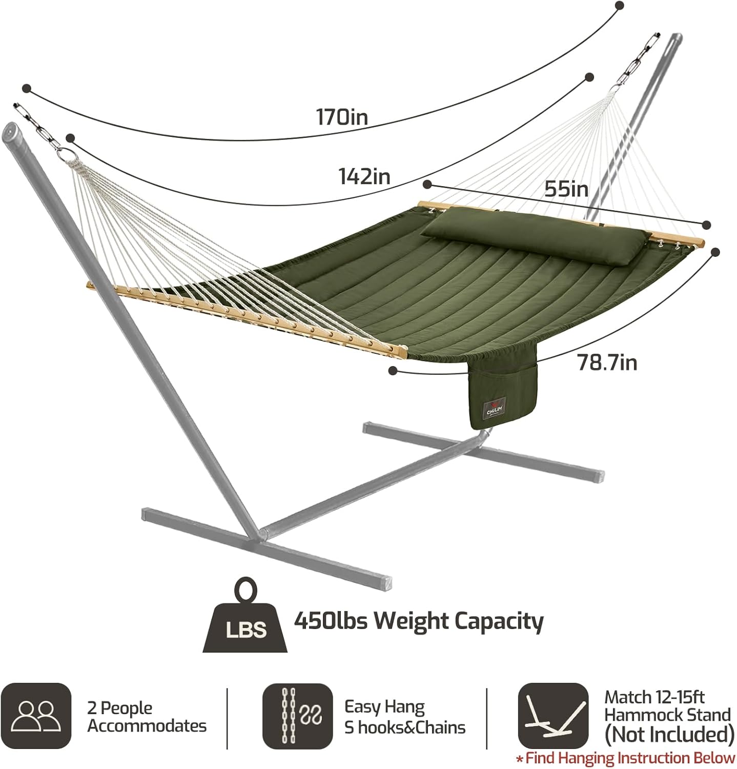 Double Quilted Fabric Hammock with Hardwood Spreader Bars and Pillow 450 LBS Capacity 2 Person Large Hammock for Outdoor Patio Backyard Poolside - Green
