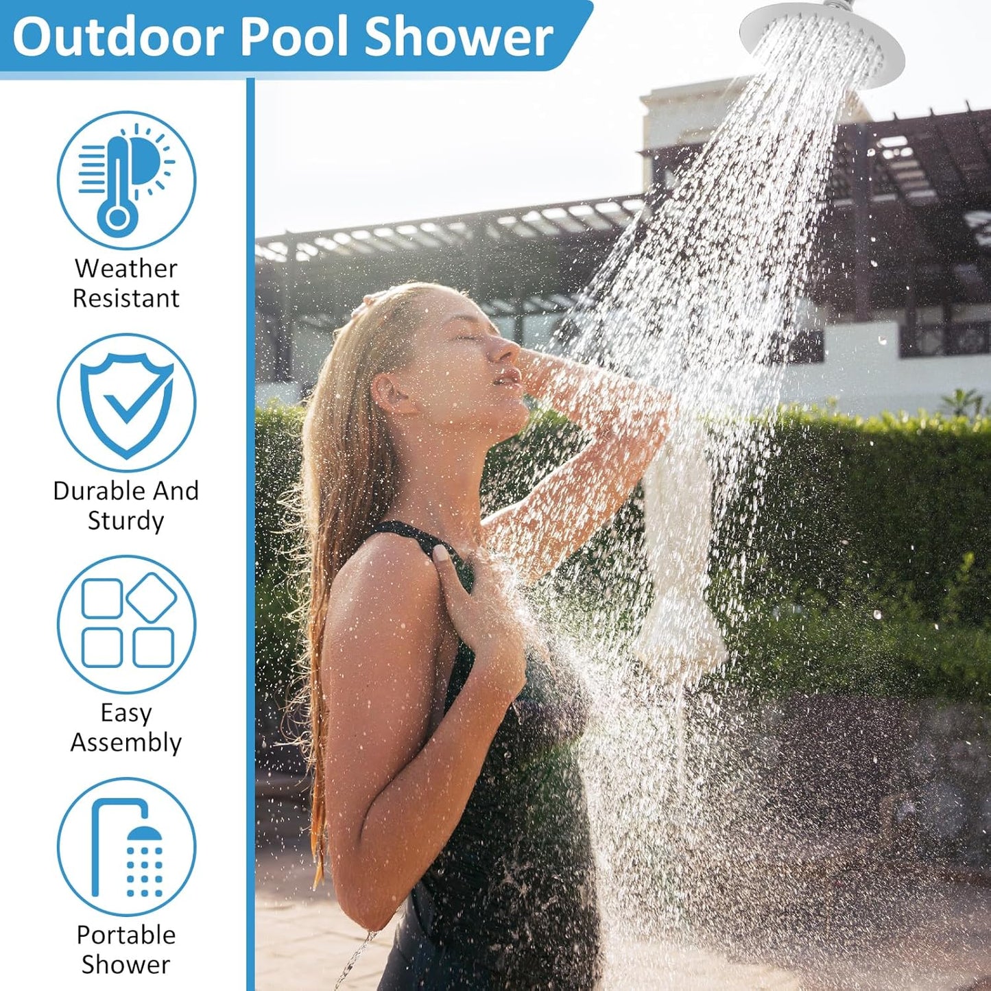Portable Outdoor Shower Kit with Wooden Base – Backyard, Poolside & Patio Freestanding Shower for Garden or Pool Use