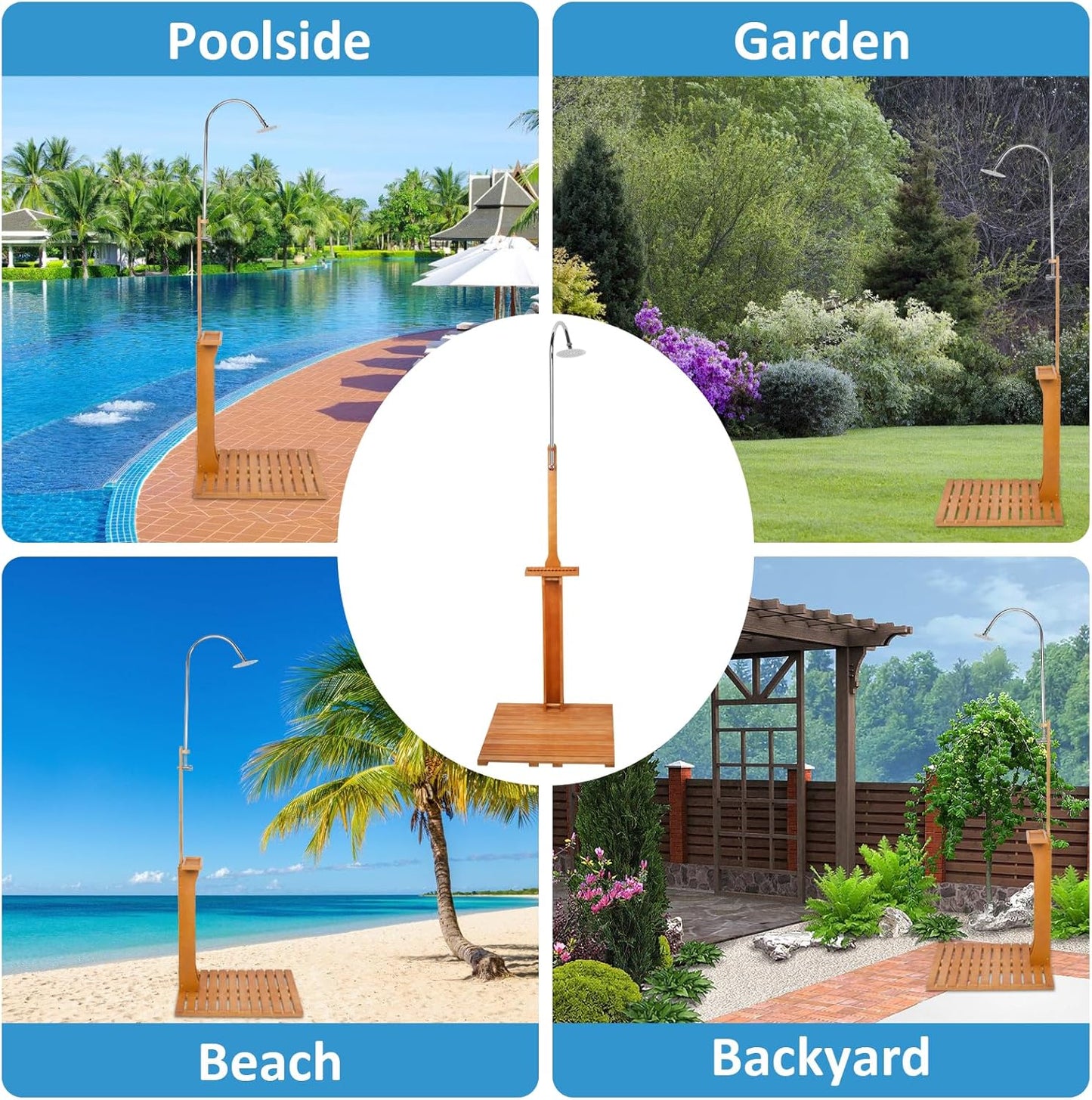 Portable Outdoor Shower Kit with Wooden Base – Backyard, Poolside & Patio Freestanding Shower for Garden or Pool Use