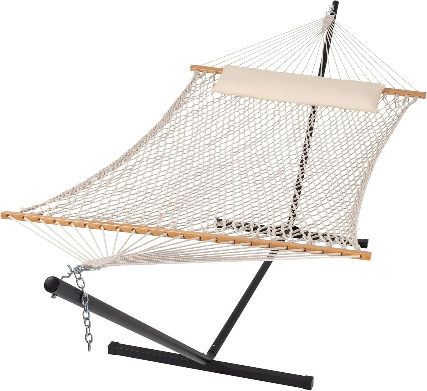 SUNCREAT Double Outdoor Hammock with Stand, Two Person Cotton Rope Hammock with Polyester Pad, Dark Gray
