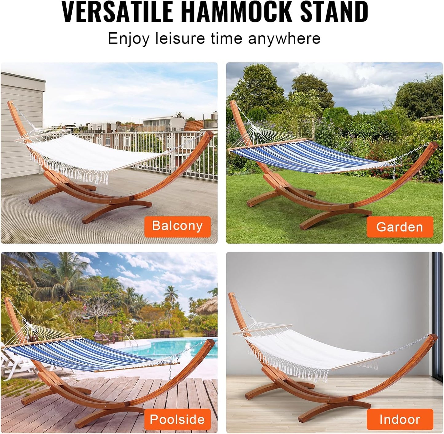 VEVOR Wooden Hammock Stand, 475 lbs Capacity Universal 2 Person Hammock Frame Fits 9-13 ft Hammocks, Larch Wood Arc Adjustable Stand for Hammock with Chain and Carabiner, for Outdoor and Indoor