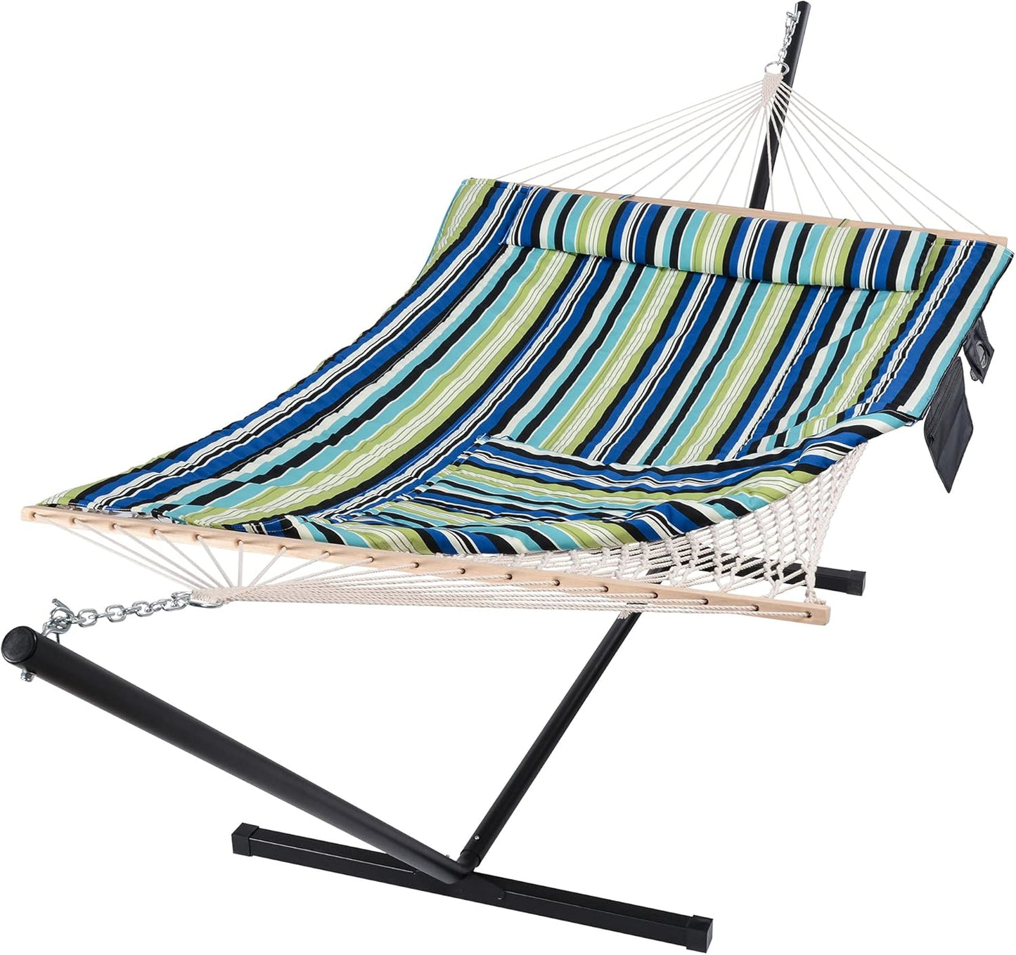 SUNCREAT Double Outdoor Hammock with Stand, Two Person Cotton Rope Hammock with Polyester Pad, Dark Gray