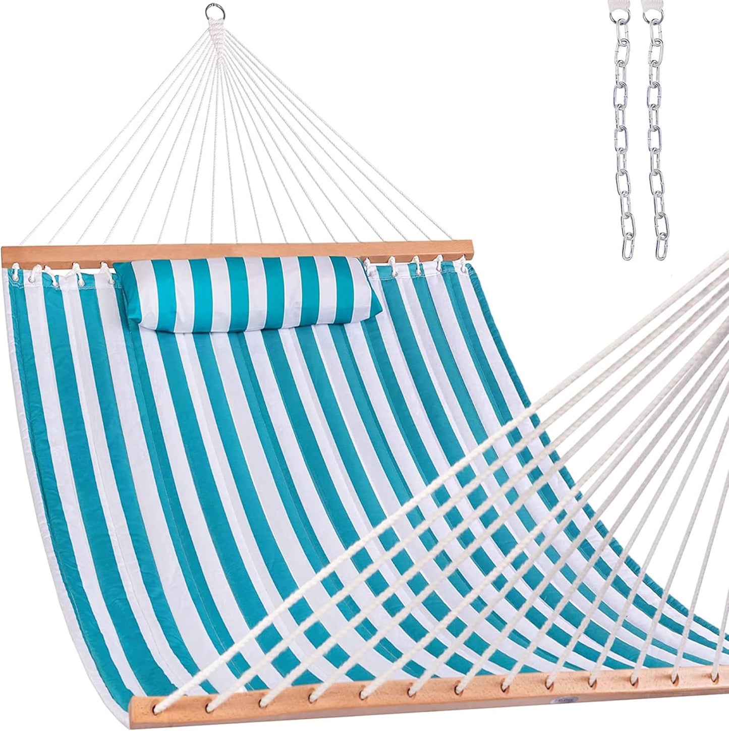 Lazy Daze Hammocks 12 FT Double Quilted Hammock with Spreader Bars and Detachable Pillow, 2 Person Hammock for Outdoor Patio Backyard Poolside, 450 LBS Weight Capacity, Blue Chevron Stripe
