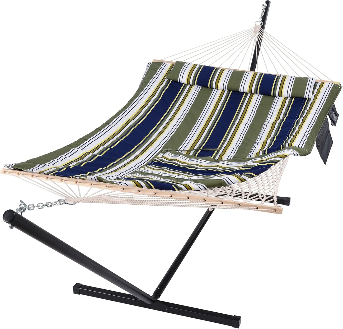 SUNCREAT Double Outdoor Hammock with Stand, Two Person Cotton Rope Hammock with Polyester Pad, Dark Gray