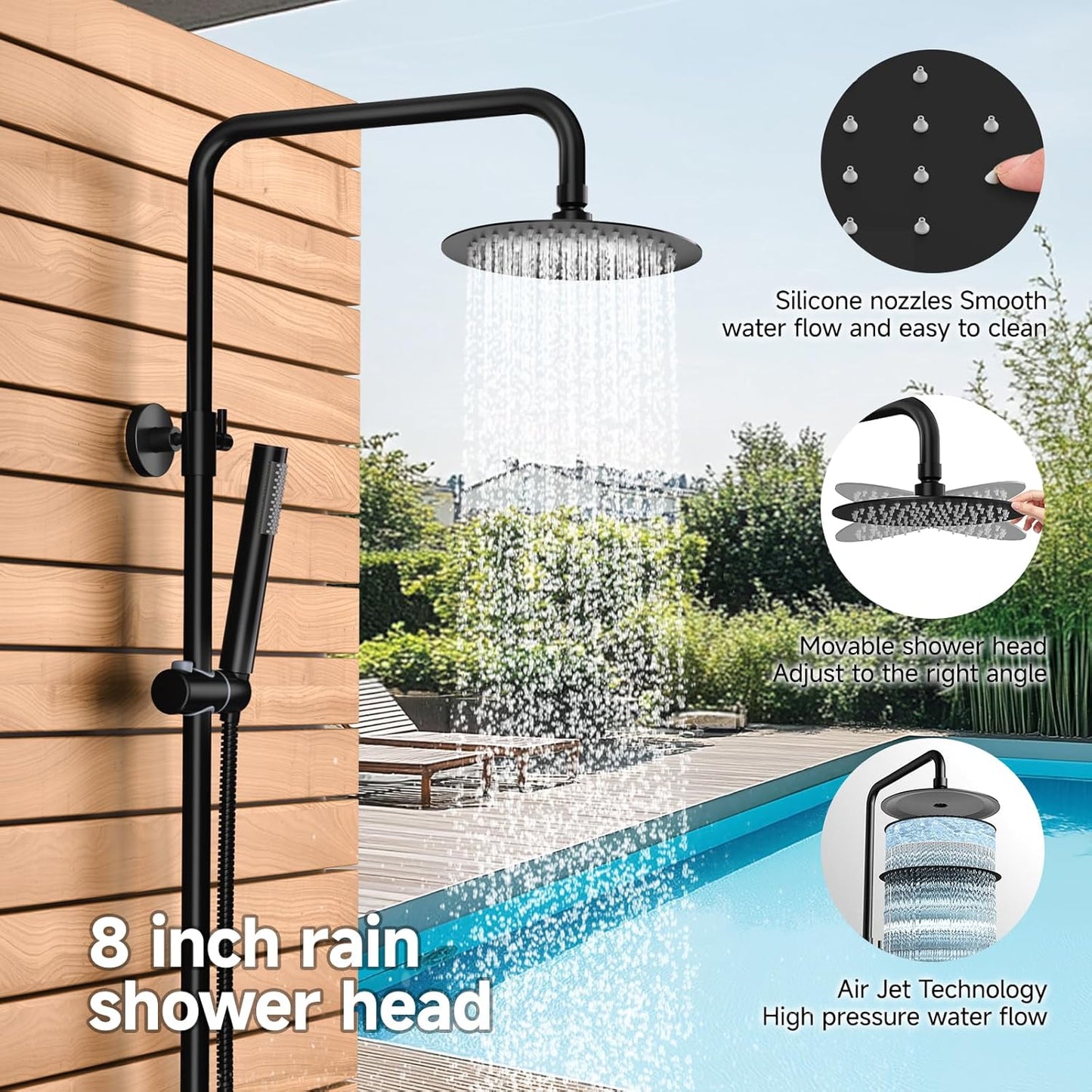 Rainsworth Outdoor Shower Kit Matte Black - Single Handle Brass Valve, 8 Inch Rain Shower Head and Handheld Spray Shower Fixture Combo, 304 Stainless Steel Wall Mount