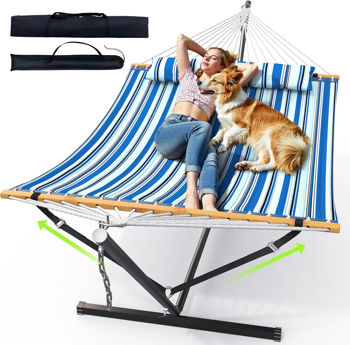 Double Hammock with Stand for Outdoor, Heavy Duty Portable Hammock with Adjustable Steel Stand for Patio, Garden, Beach, Backyard - Includes Carrying Bag,White Grey