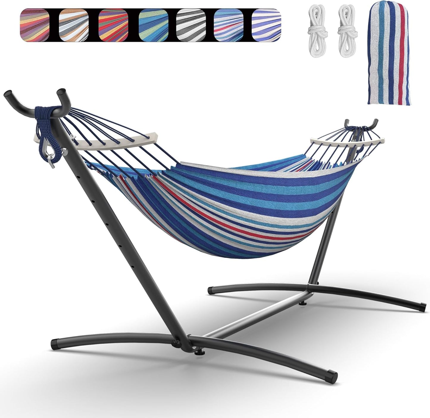 Double Hammock with Heavy-Duty Steel Stand,Portable,Easy Assembly,600lbs Weight Capacity,Perfect for Indoor,Yard,Camping,or Outdoor-Rainbow
