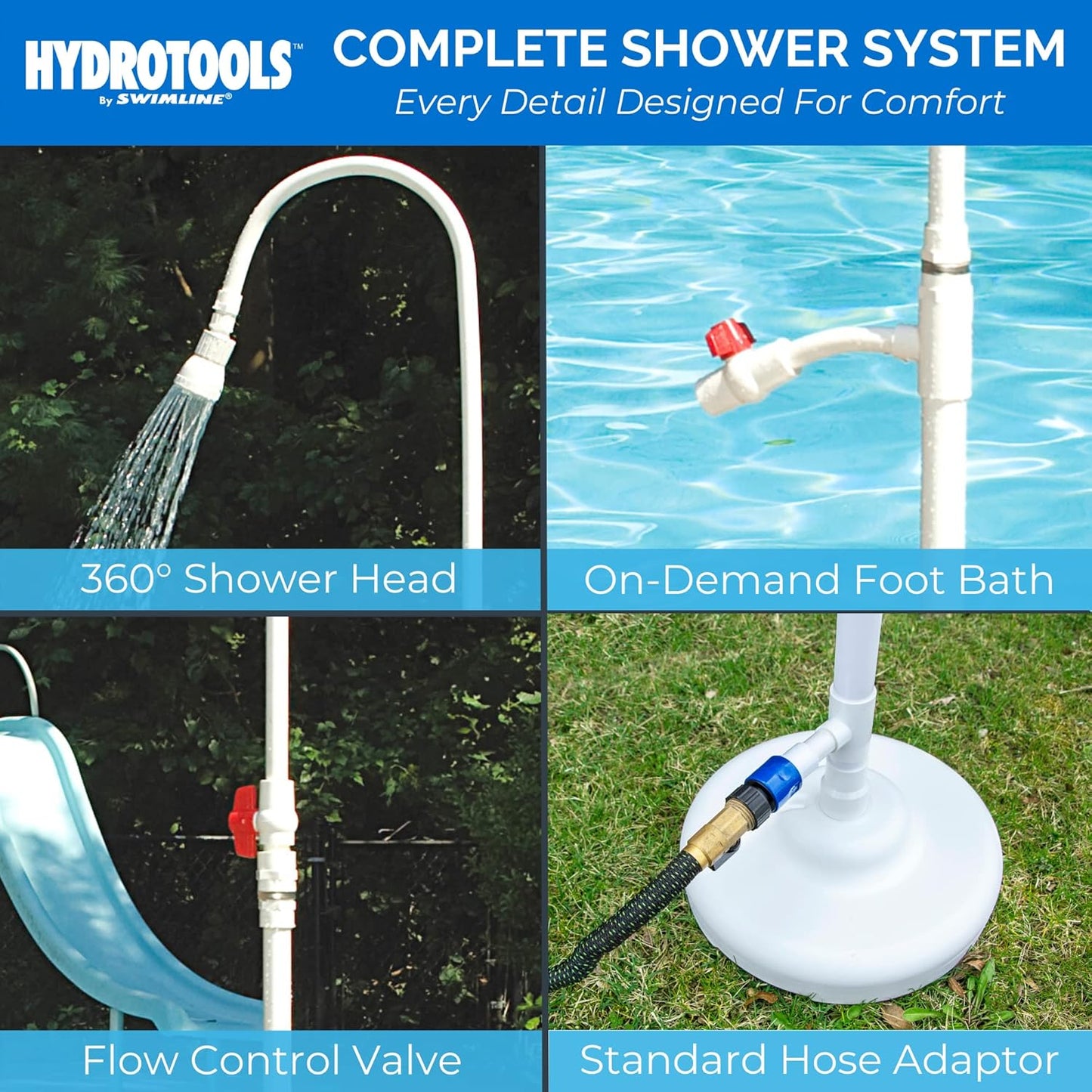 SWIMLINE HYDROTOOLS Tube Style 7 Foot Poolside Shower, Adjustable Head & Foot Tap Spigot With Valve Controls, Standard Garden Hose, Environmentally Friendly, Outdoor Backyard Poolside Beach Spa