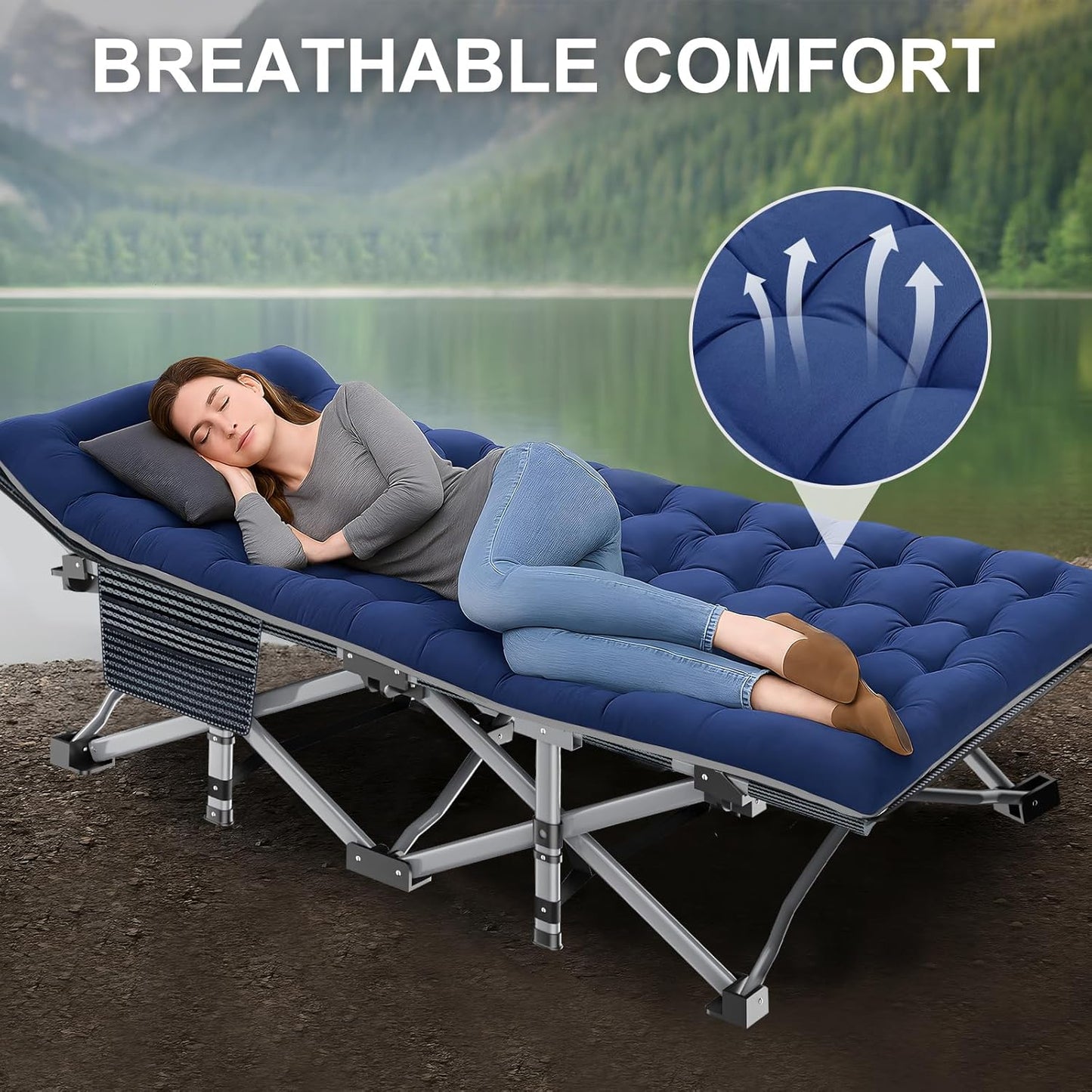 ABORON Folding Camping Cot W/Mat for Adults, Heavy Duty Outdoor Bed with Carry Bag,1200 D Layer Oxford Travel Camp Cots