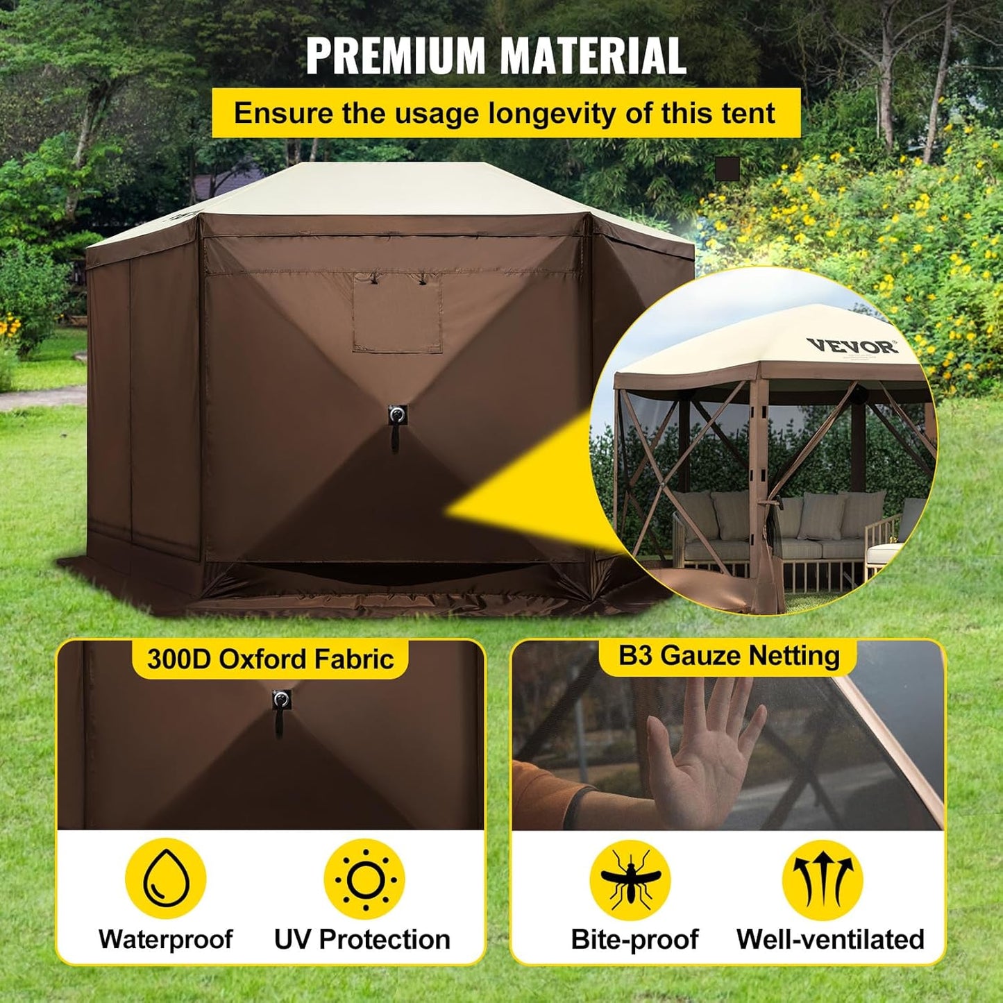 VEVOR 12 * 12ft 6 Sided Pop-up Canopy Shelter Tent with Mesh Windows, Portable Carry Bag, Stakes, Large Shade Tents for Outdoor Camping, Lawn and Backyard, Brown/Beige