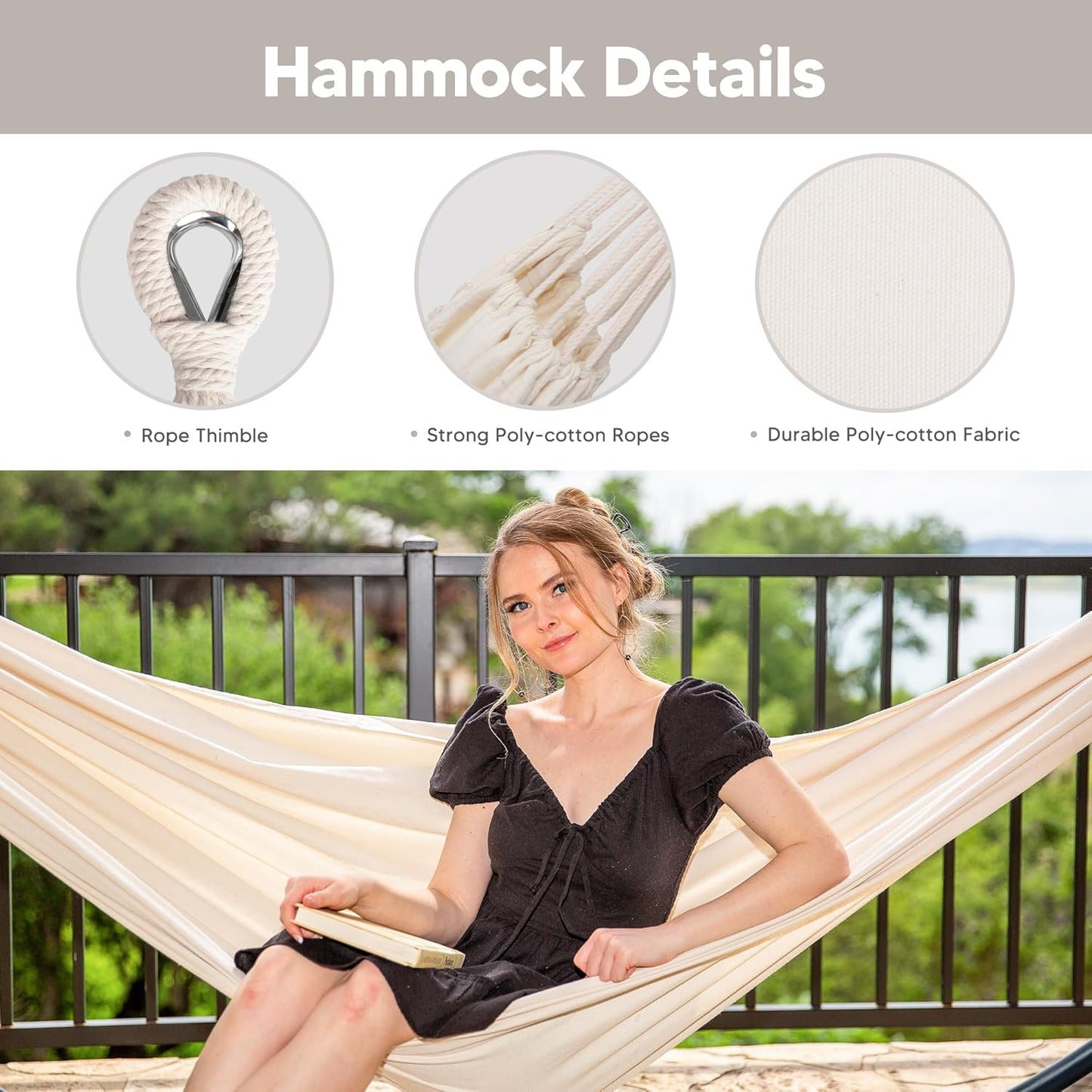 SUNCREAT Portable Outdoor Hammock with Stand Included, Double Hammock with Stand for Outside, Beige