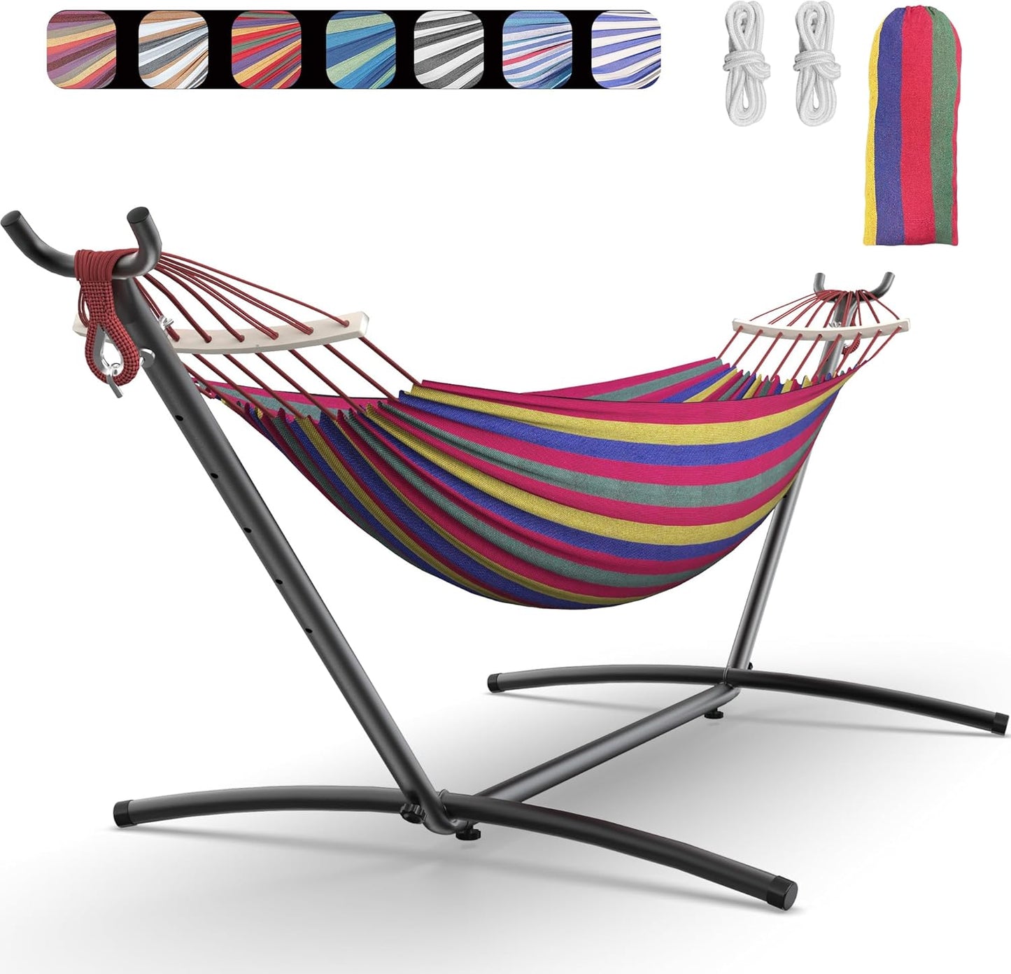 Double Hammock with Heavy-Duty Steel Stand,Portable,Easy Assembly,600lbs Weight Capacity,Perfect for Indoor,Yard,Camping,or Outdoor-Rainbow