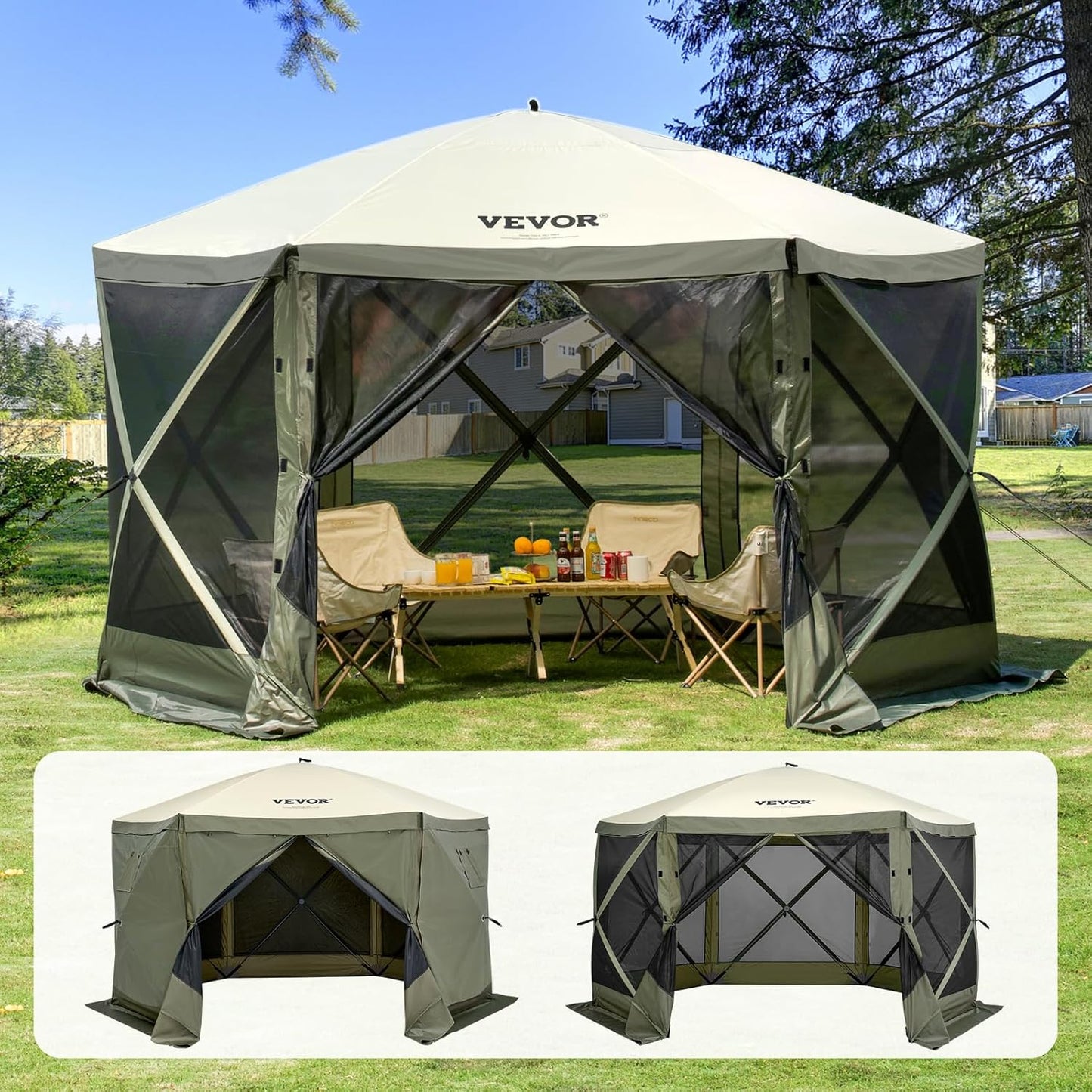 VEVOR 12 * 12ft 6 Sided Pop-up Canopy Shelter Tent with Mesh Windows, Portable Carry Bag, Stakes, Large Shade Tents for Outdoor Camping, Lawn and Backyard, Brown/Beige